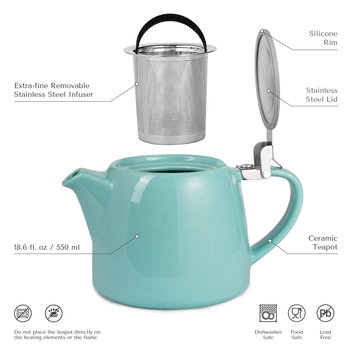 ORNA Ceramic Teapot with Basket Infuser and Stainless Steel Lid in Turquoise, 18.6 Oz (550ml)