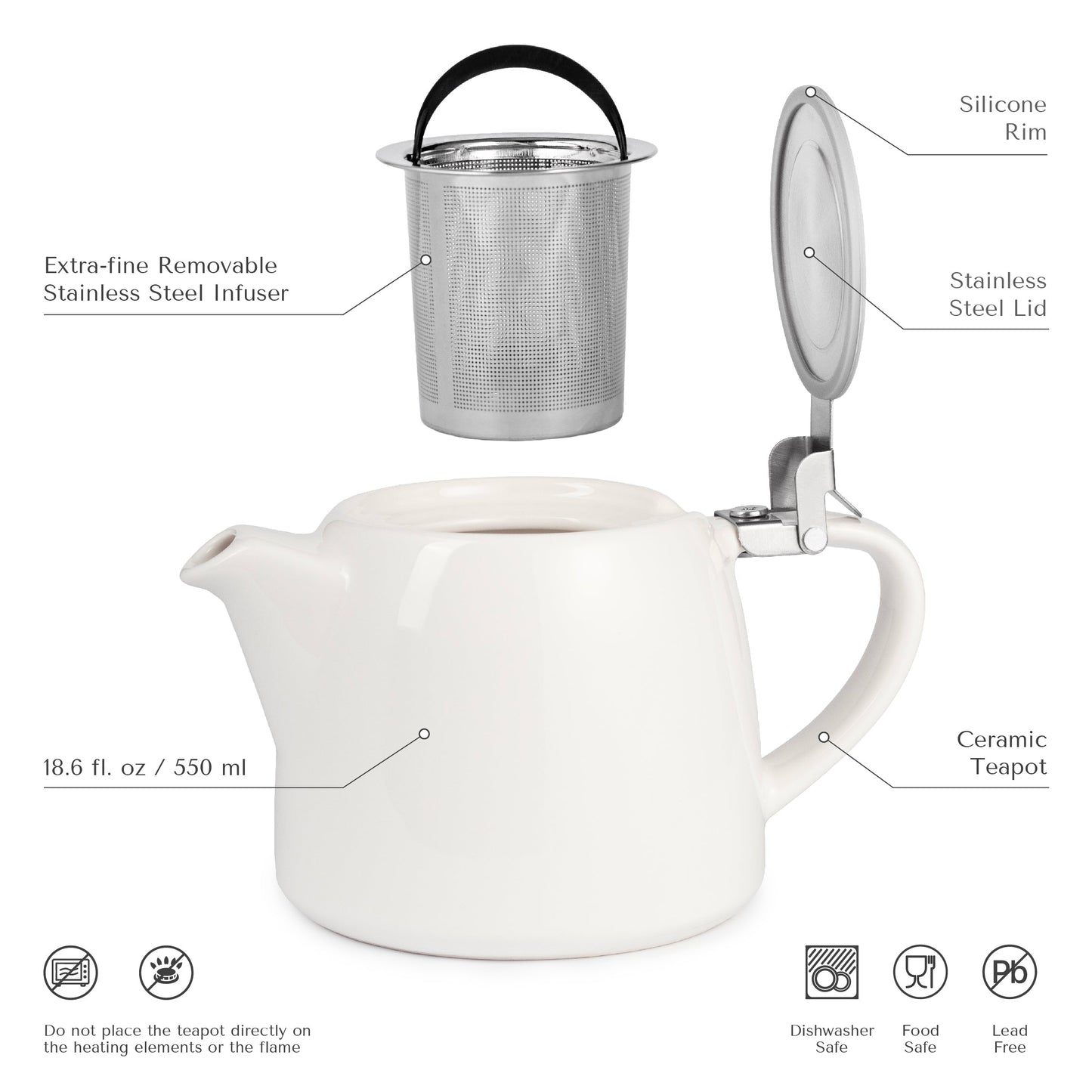 ORNA Ceramic Teapot with Basket Infuser and Stainless Steel Lid in White, 18.6 Oz (550ml)