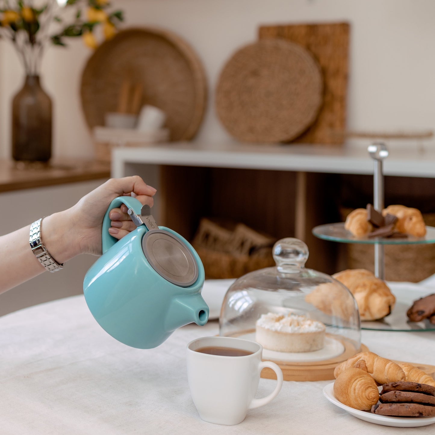 ORNA Ceramic Teapot with Basket Infuser and Stainless Steel Lid in Turquoise, 18.6 Oz (550ml)