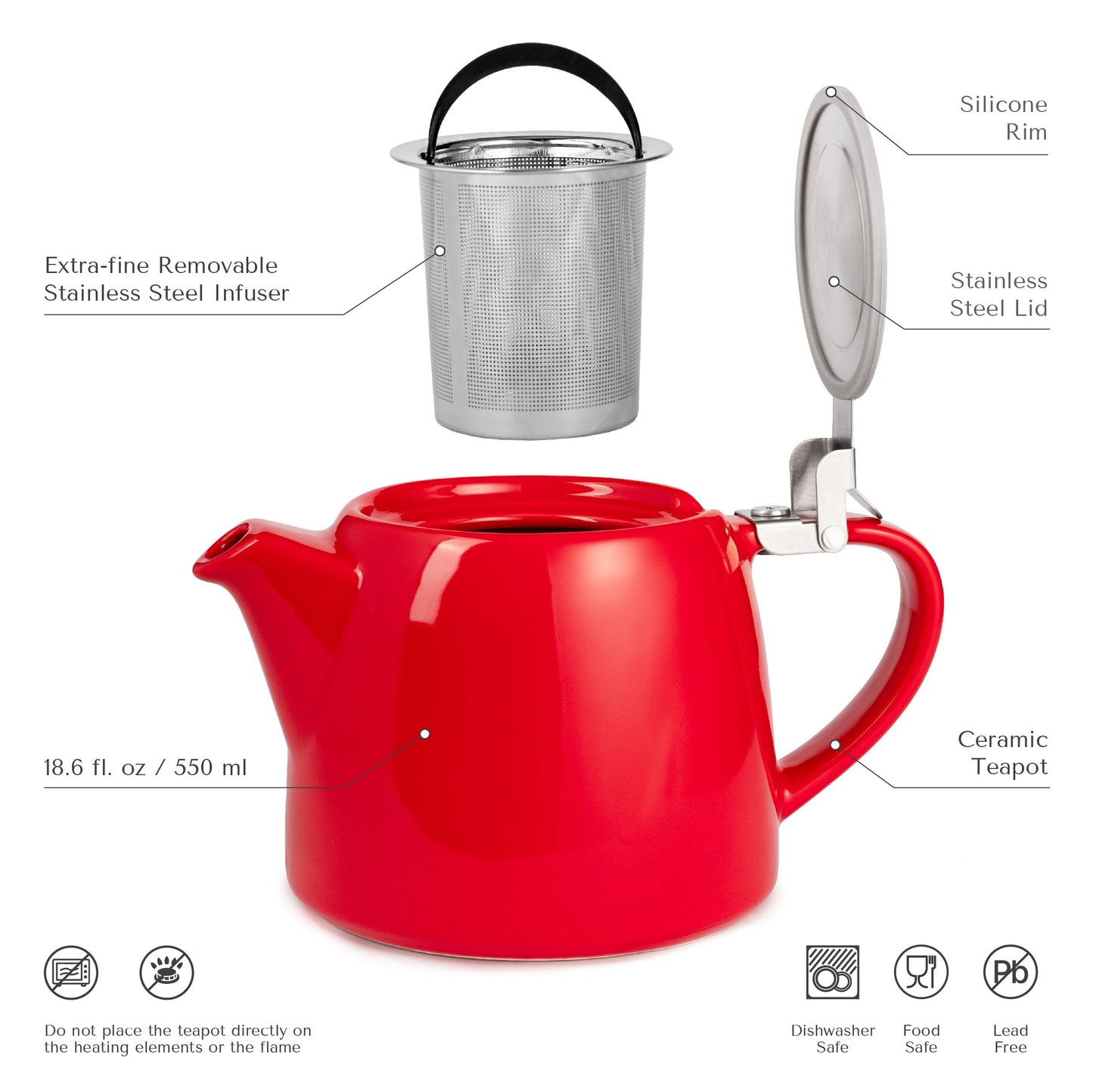 ORNA Ceramic Teapot with Basket Infuser and Stainless Steel Lid in Red, 18.6 Oz (550ml)