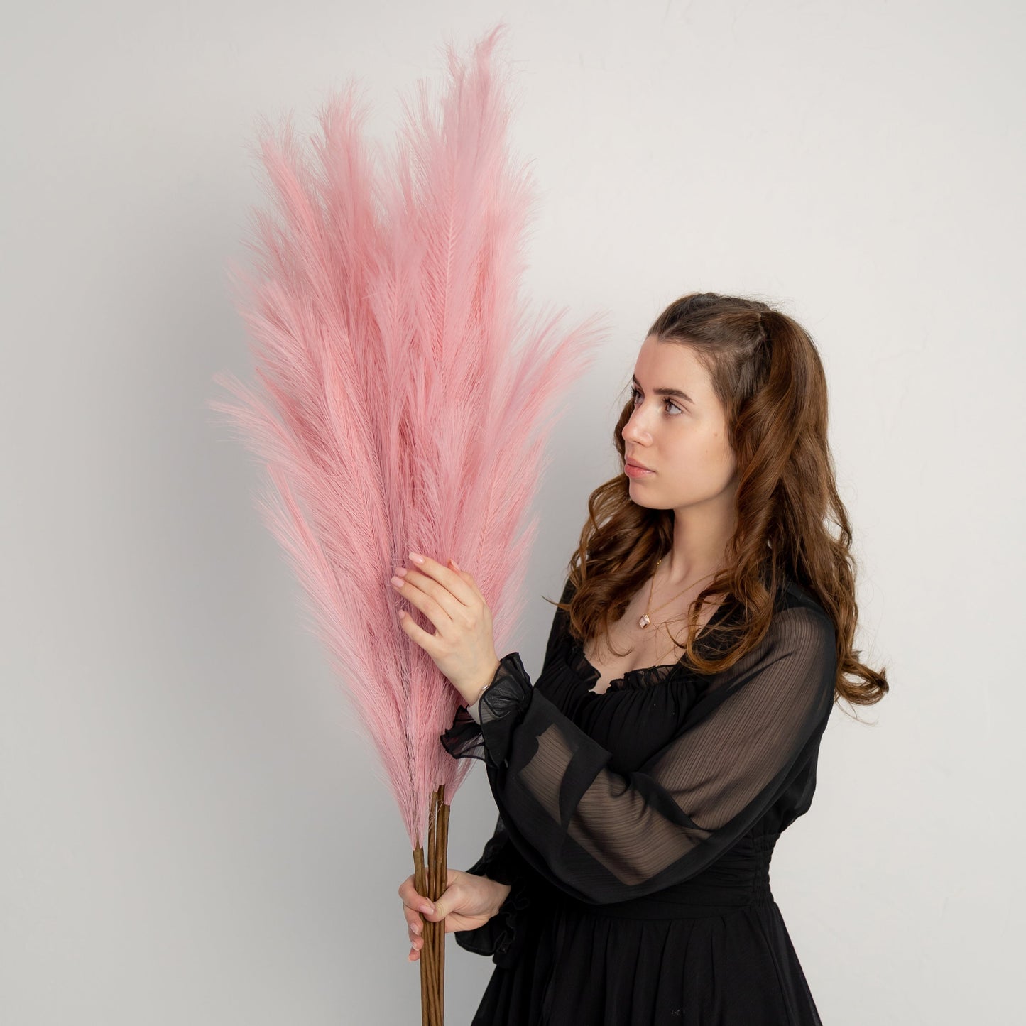 Extra fluffy and tall artificial pampas ORNA in Salmon Pink, 3 stems set, Giftbox