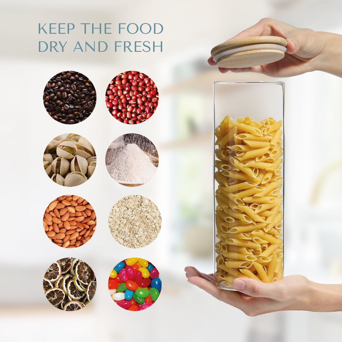 ORNA Glass Jars with Bamboo Lids Set of 5 in Circular shape, 240 fl. oz. / 7000 ml Total Capacity