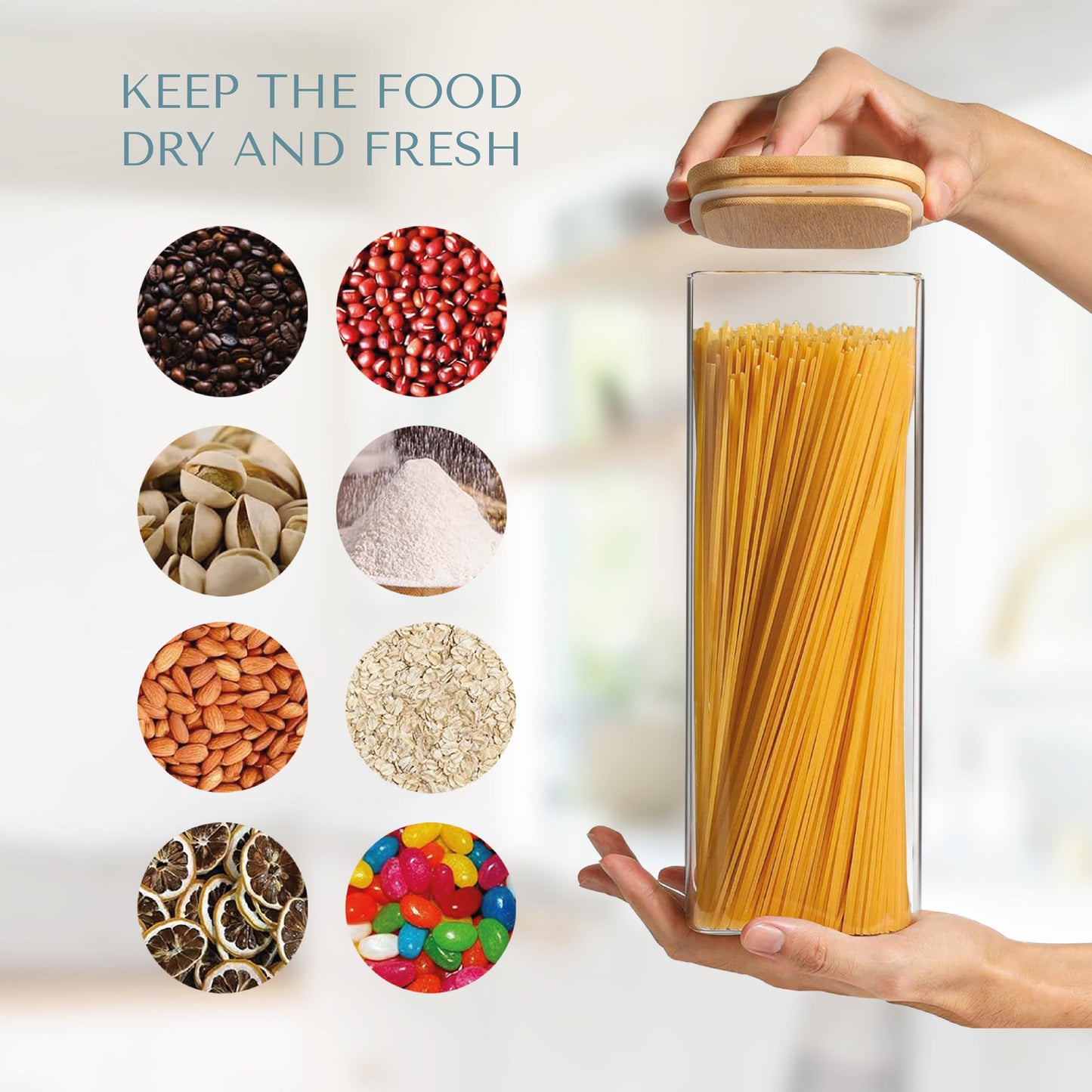 ORNA Glass Jars with Bamboo Lids Set of 5 in Square shape, 240 fl. oz. / 7000 ml Total Capacity