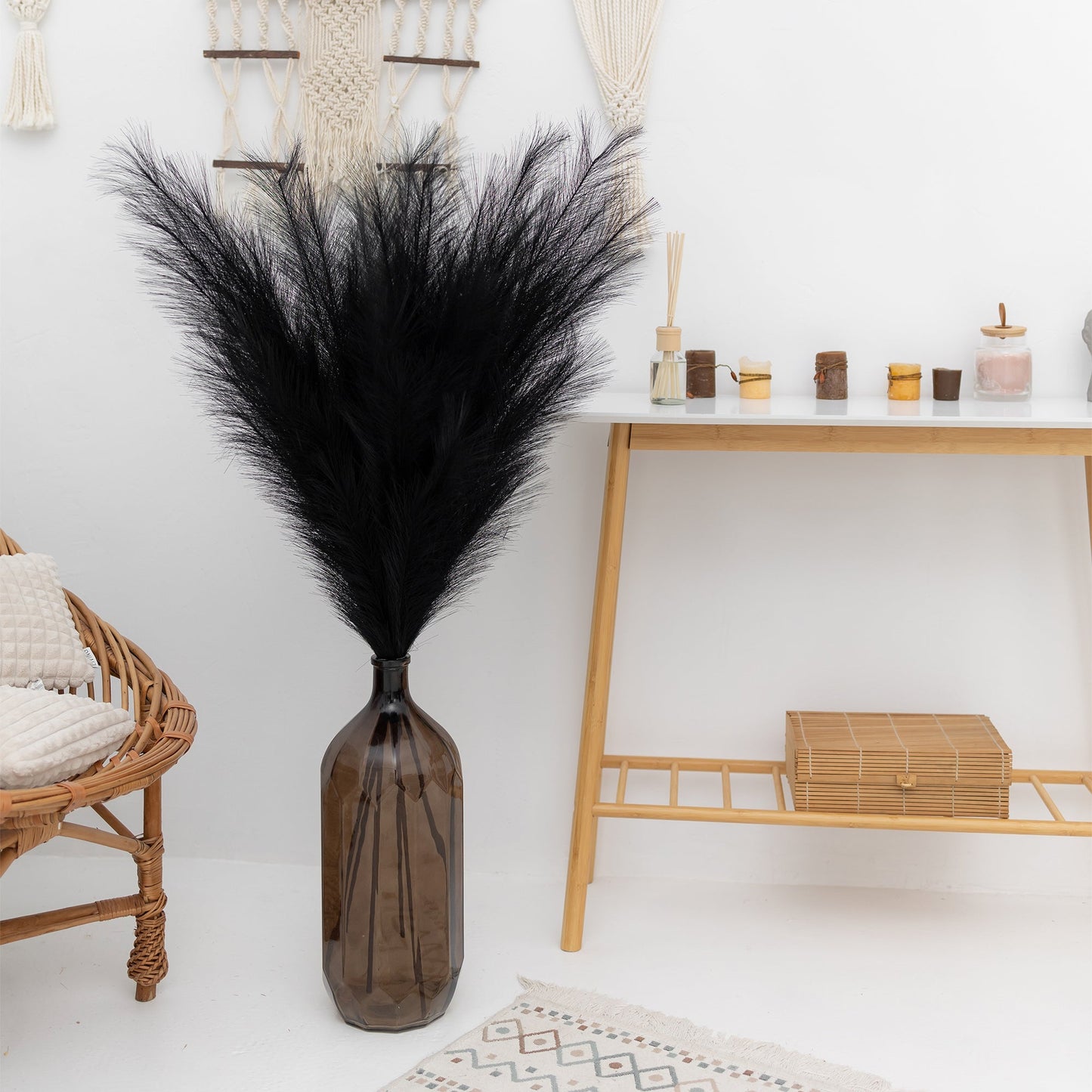 Extra fluffy and tall artificial pampas ORNA in Black, 3 stems set, Giftbox