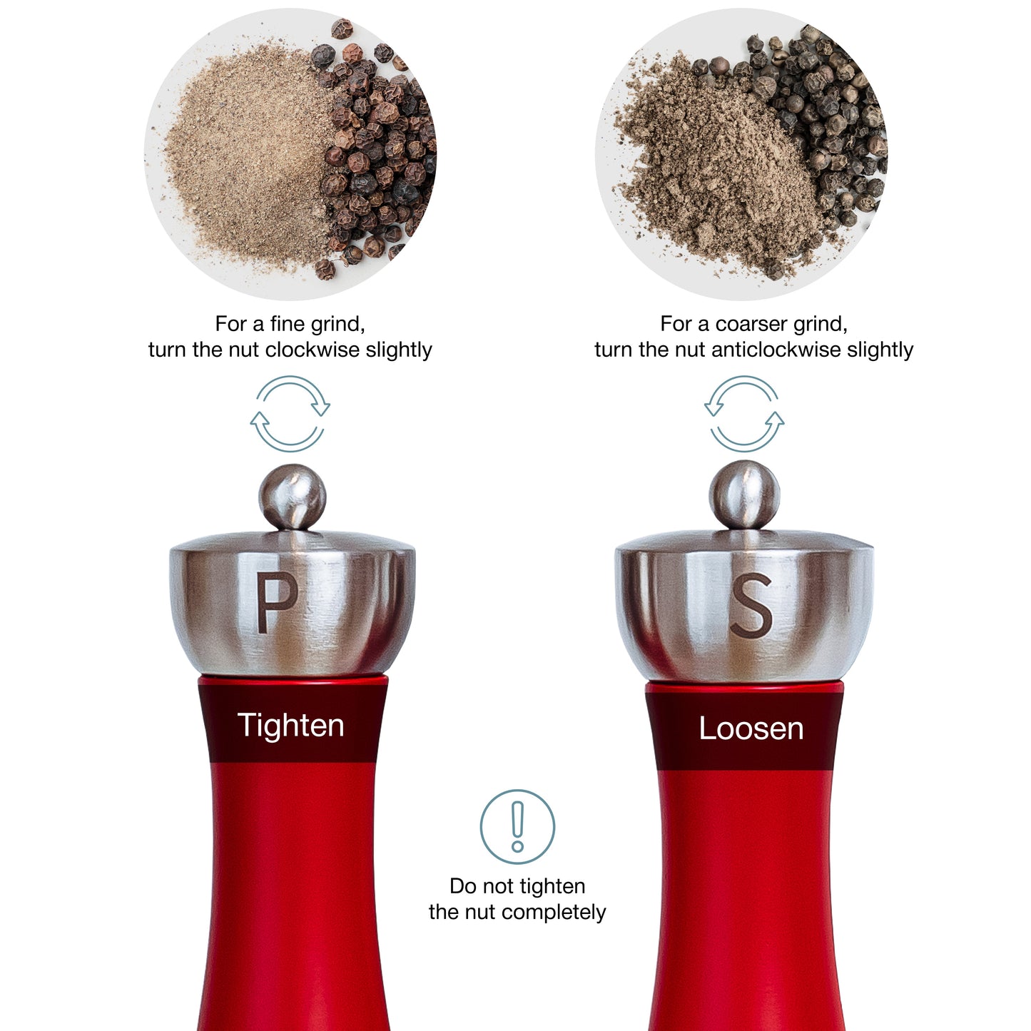 ORNA Salt and Pepper Wooden Grinder Set of 2 with Adjustable Coarseness Mechanism, 8.5 in / 21.5 cm, Red