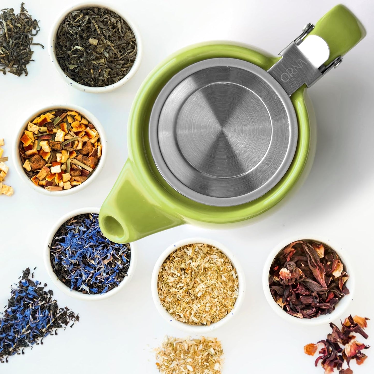 ORNA Ceramic Teapot with Basket Infuser and Stainless Steel Lid in Lime, 18.6 Oz (550ml)