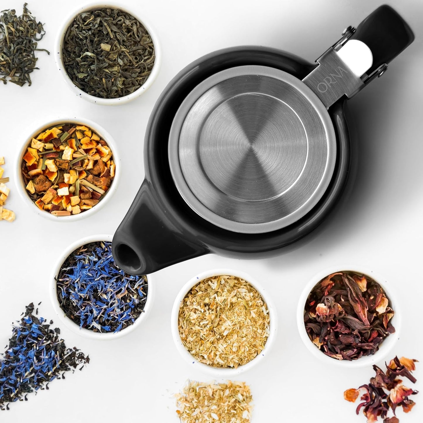ORNA Ceramic Teapot with Basket Infuser and Stainless Steel Lid in Black, 18.6 Oz (550ml)