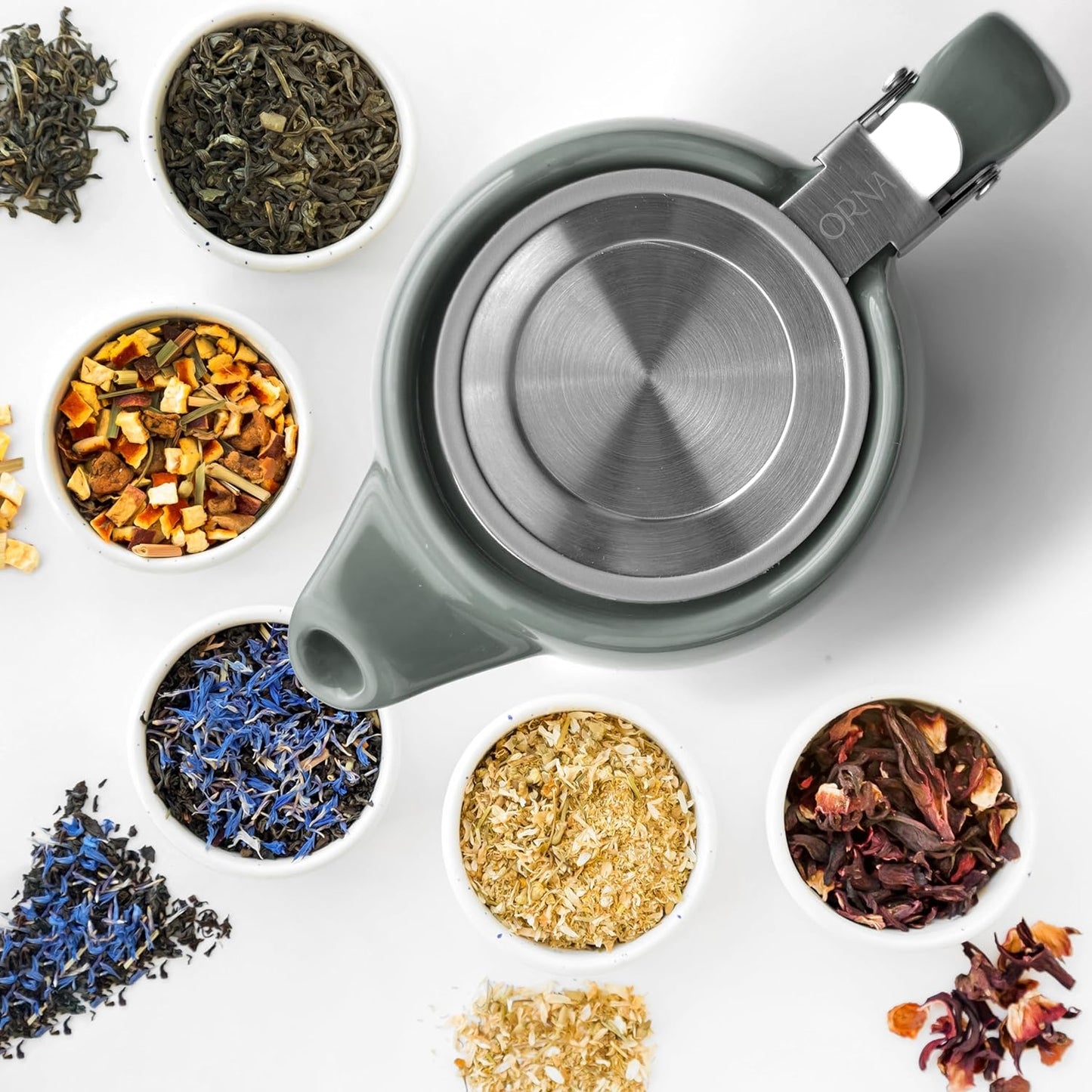 ORNA Ceramic Teapot with Basket Infuser and Stainless Steel Lid in Grey, 18.6 Oz (550ml)