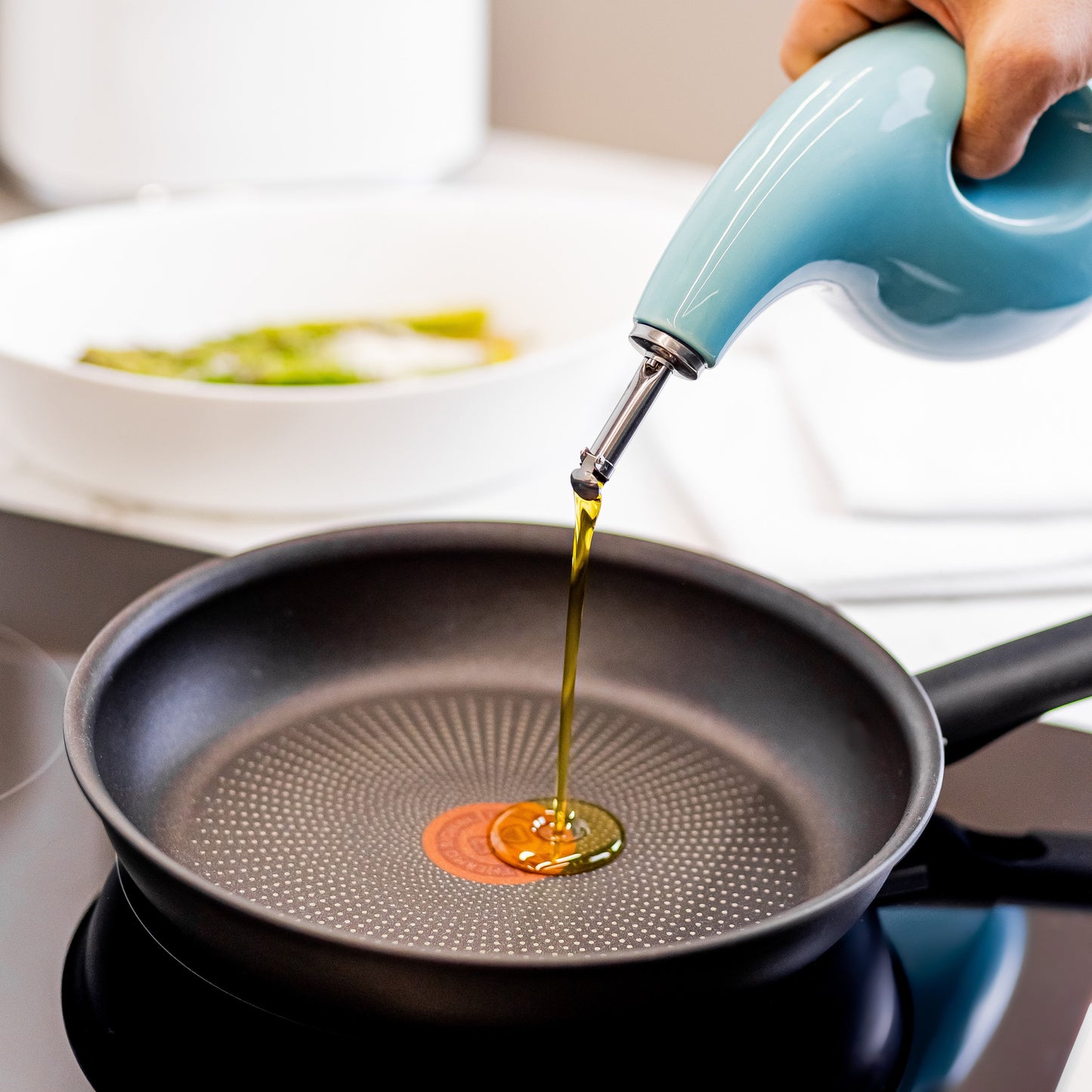 ORNA Ceramic Oil Dispenser Bottle with 2 Stainless Steel Pourers in Turquoise, 700ml / 24 Oz