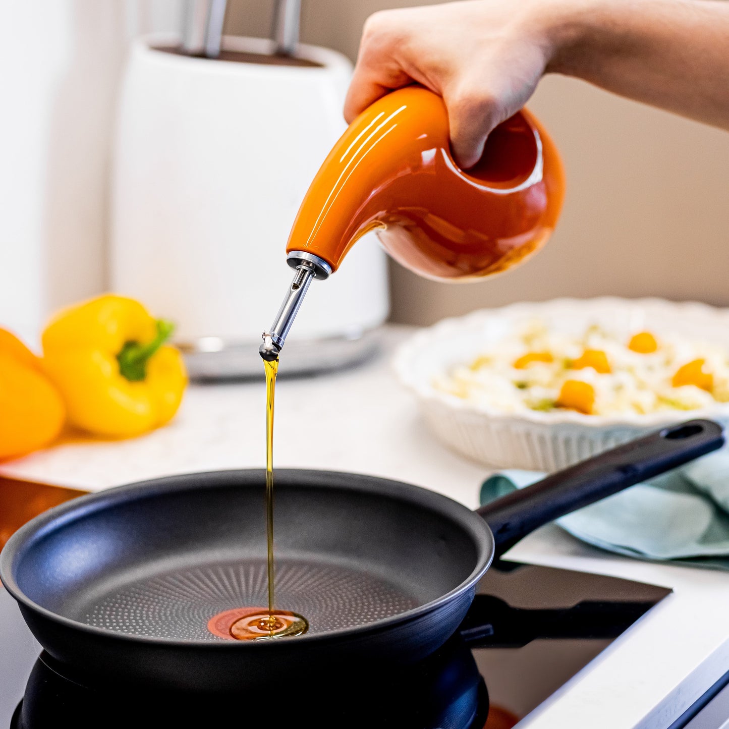ORNA Ceramic Oil Dispenser Bottle with 2 Stainless Steel Pourers in Orange, 700ml / 24 Oz