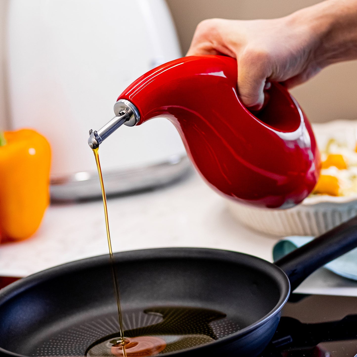 ORNA Ceramic Oil Dispenser Bottle with 2 Stainless Steel Pourers in Red, 700ml / 24 Oz