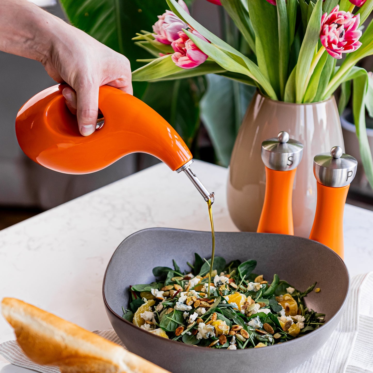 ORNA Ceramic Oil Dispenser Bottle with 2 Stainless Steel Pourers in Orange, 700ml / 24 Oz