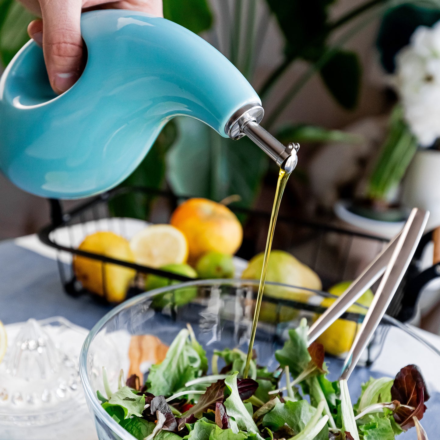 ORNA Ceramic Oil Dispenser Bottle with 2 Stainless Steel Pourers in Turquoise, 700ml / 24 Oz