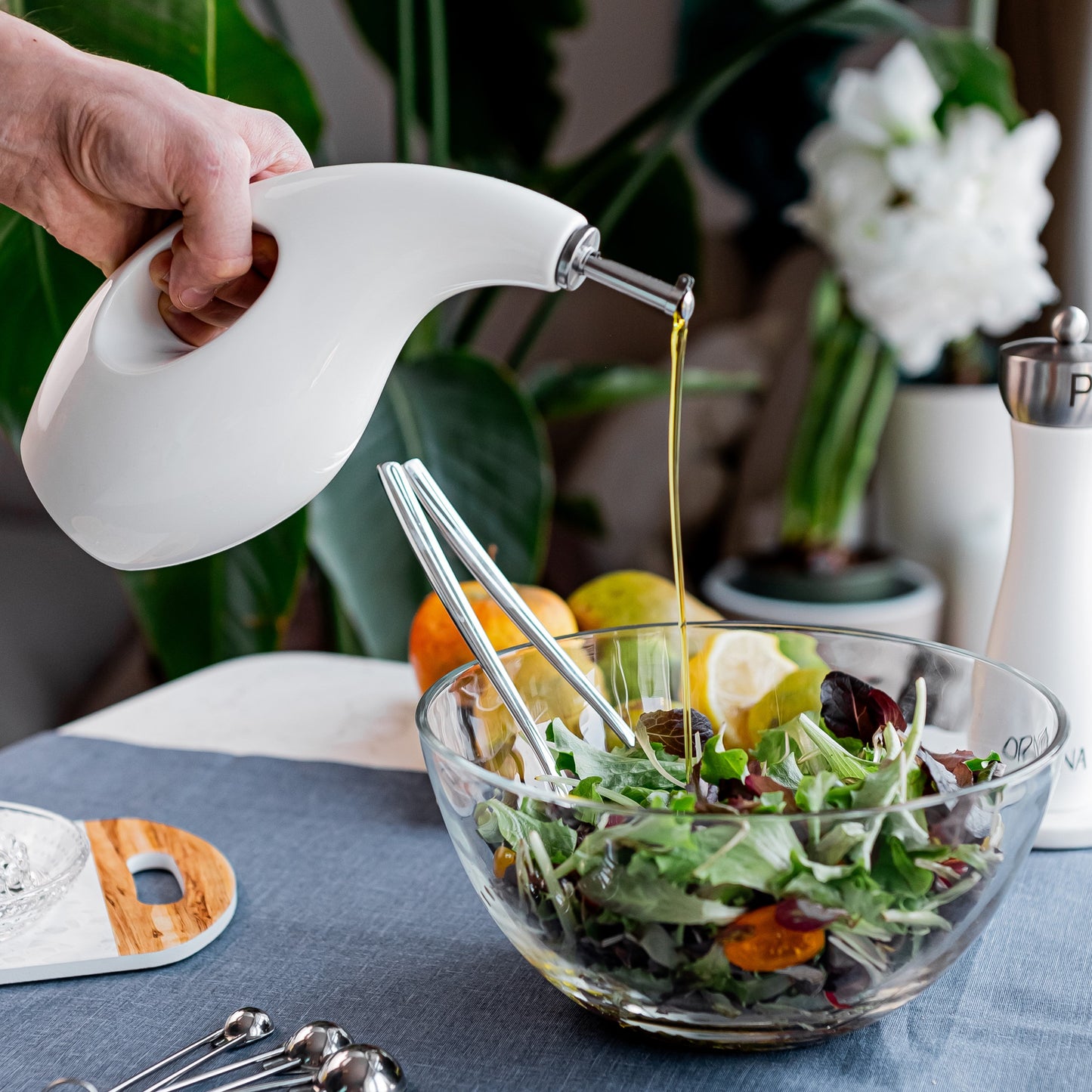 ORNA Ceramic Oil Dispenser Bottle with 2 Stainless Steel Pourers in White, 700ml / 24 Oz