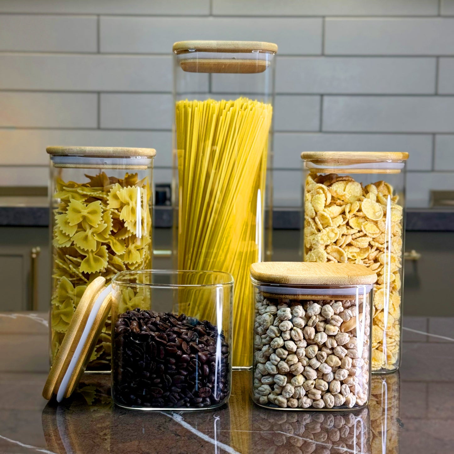 ORNA Glass Jars with Bamboo Lids Set of 5 in Square shape, 240 fl. oz. / 7000 ml Total Capacity