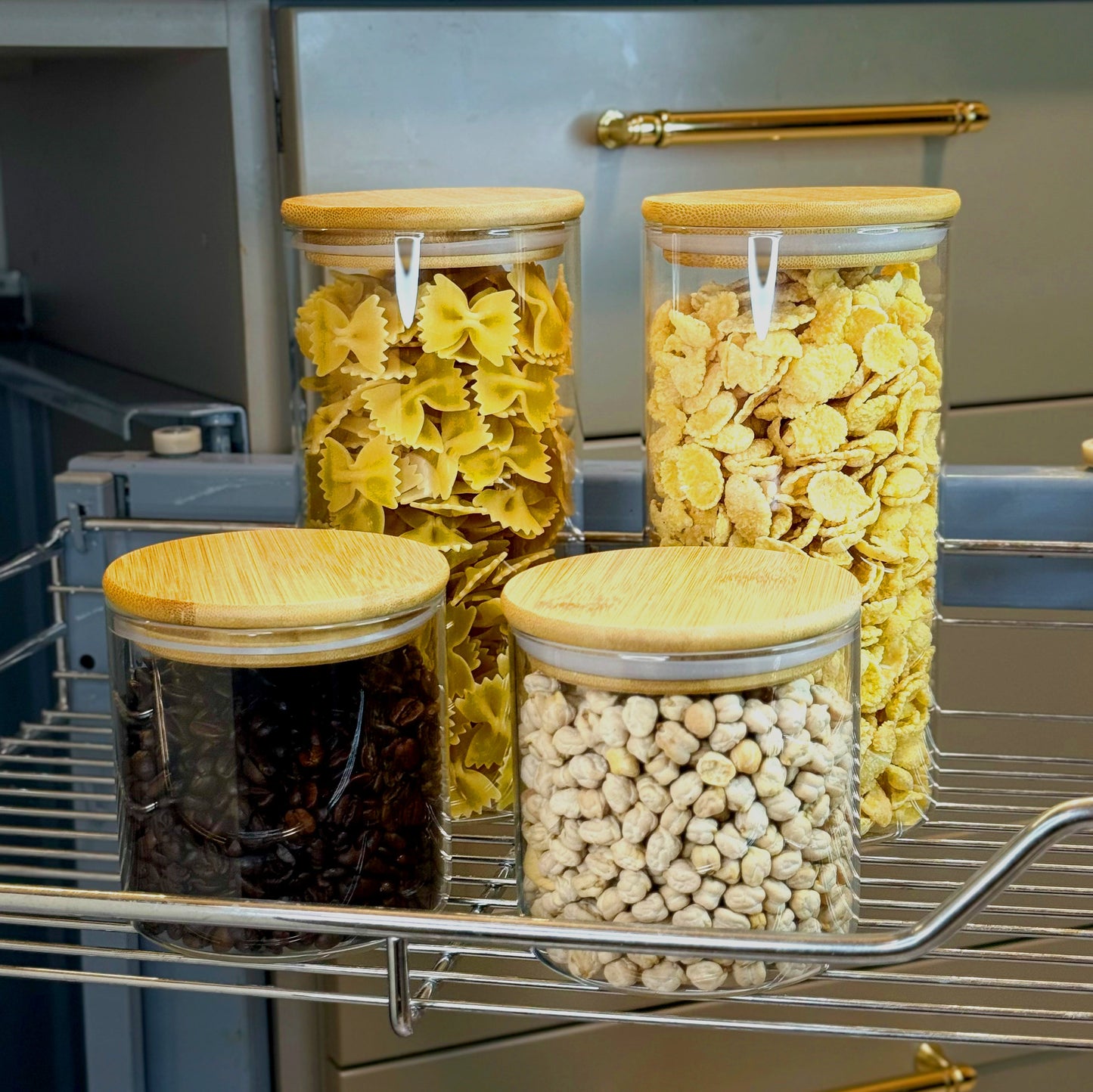 ORNA Glass Jars with Bamboo Lids Set of 5 in Circular shape, 240 fl. oz. / 7000 ml Total Capacity
