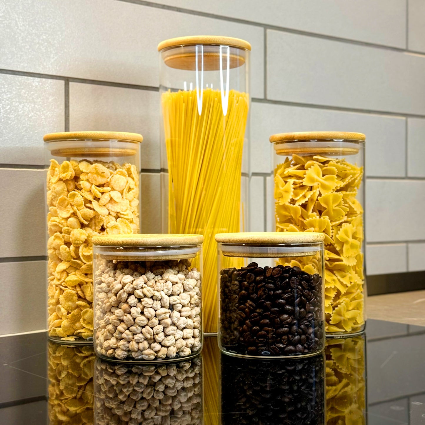 ORNA Glass Jars with Bamboo Lids Set of 5 in Circular shape, 240 fl. oz. / 7000 ml Total Capacity