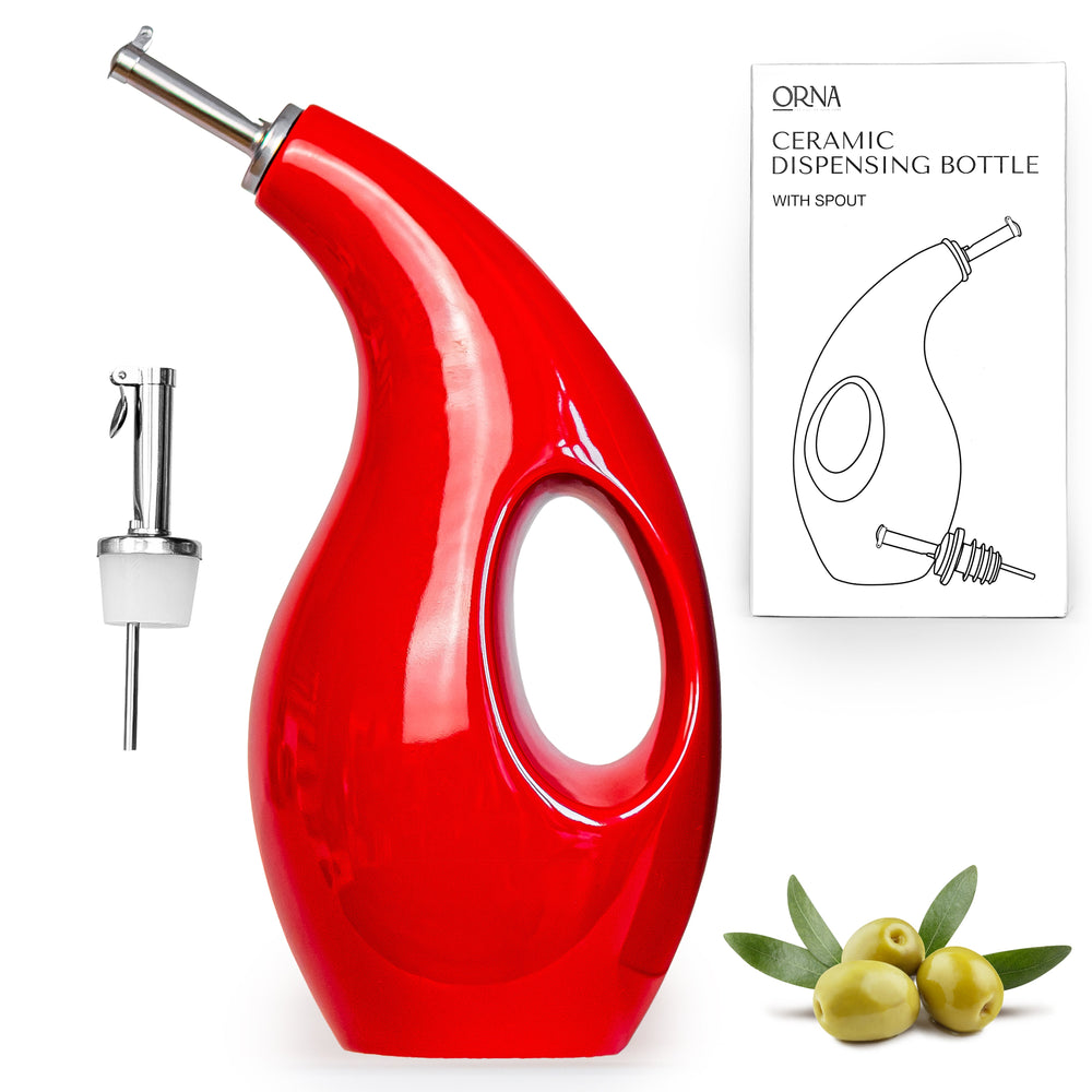 ORNA Ceramic Oil Dispenser Bottle with 2 Stainless Steel Pourers in Red, 700ml / 24 Oz