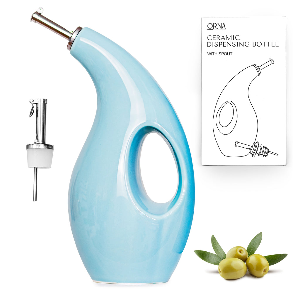 ORNA Ceramic Oil Dispenser Bottle with 2 Stainless Steel Pourers in Turquoise, 700ml / 24 Oz