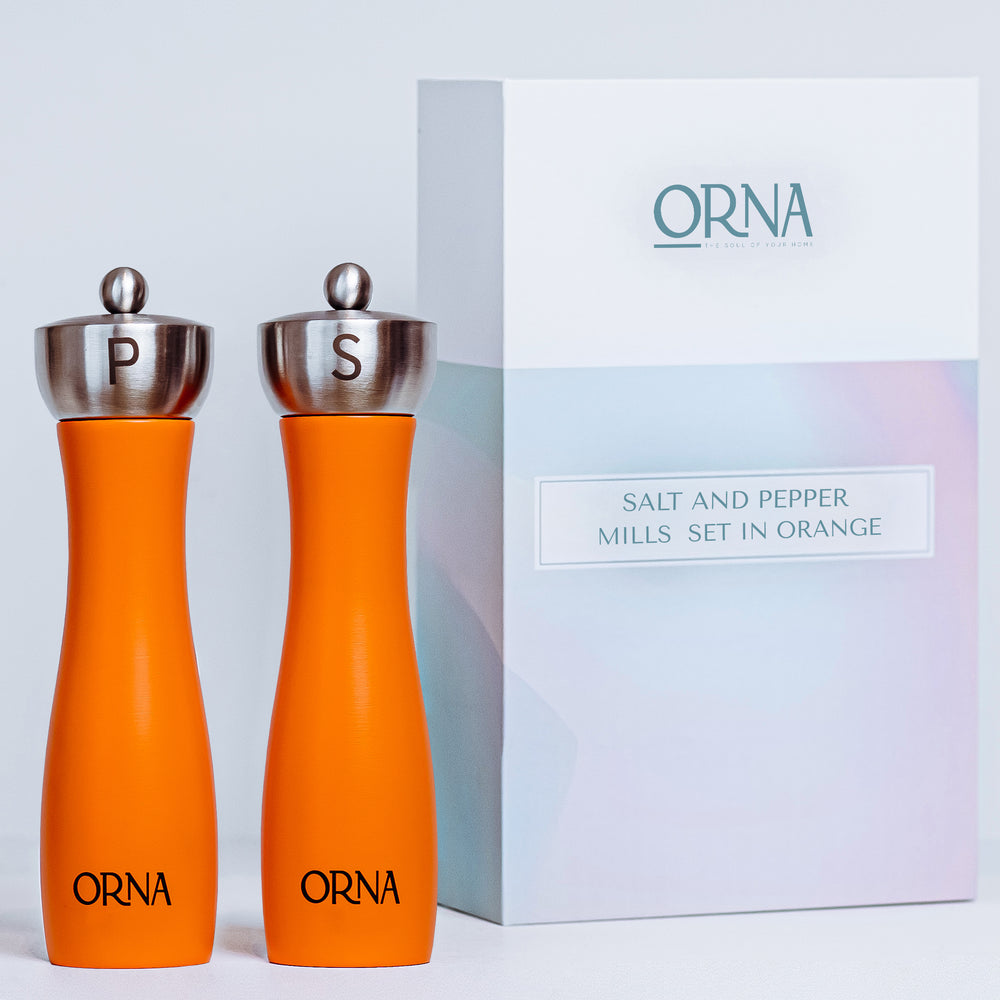 ORNA Salt and Pepper Wooden Grinder Set of 2 with Adjustable Coarseness Mechanism, 8.5 in / 21.5 cm, Orange