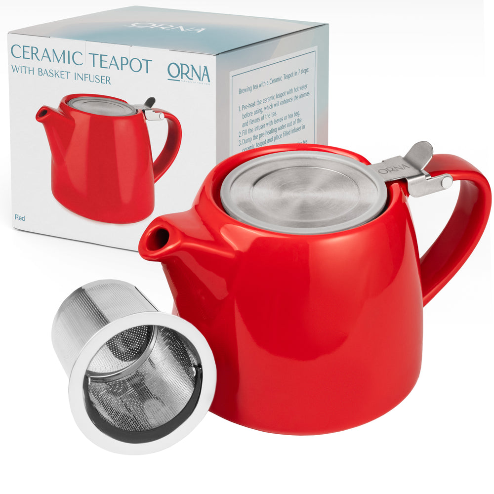 ORNA Ceramic Teapot with Basket Infuser and Stainless Steel Lid in Red, 18.6 Oz (550ml)