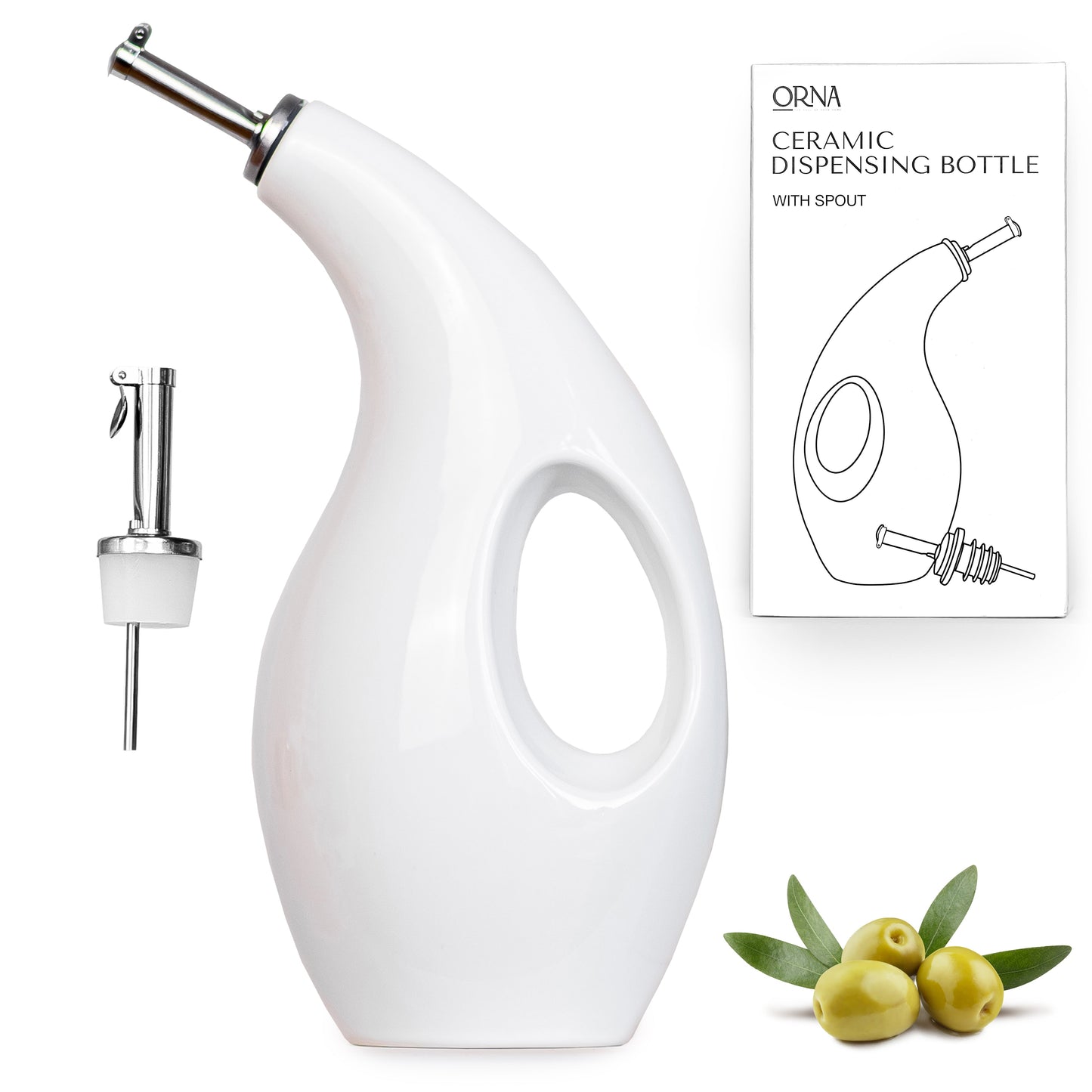 ORNA Ceramic Oil Dispenser Bottle with 2 Stainless Steel Pourers in White, 700ml / 24 Oz