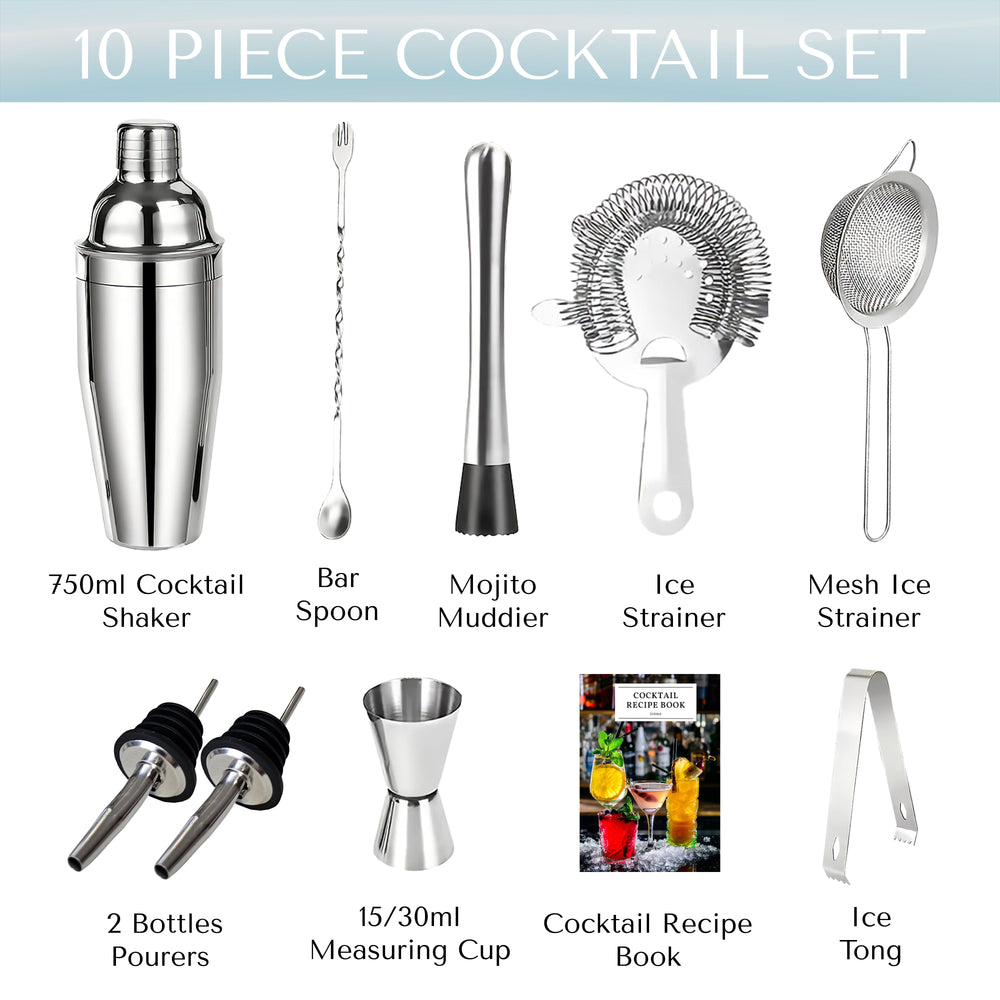 ORNA Cocktail Shaker Set of 10 pieces, Stainless Steel Cocktail Making Kit, 750 ml