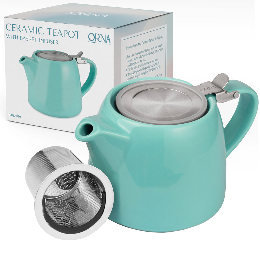 ORNA Ceramic Teapot with Basket Infuser and Stainless Steel Lid in Turquoise, 18.6 Oz (550ml)