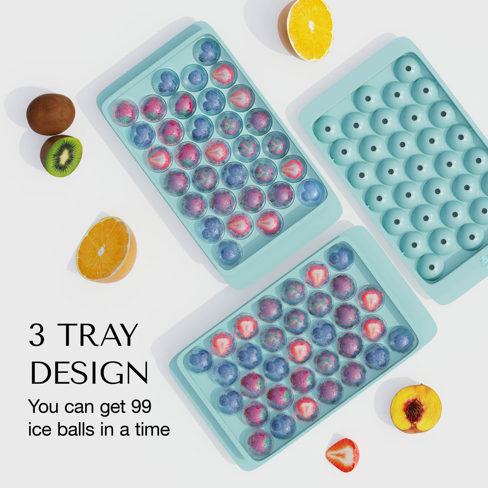 
                  
                    ORNA Ice Cube Tray with Lid, Bin, Scoop & Tongs – 3x33 Balls, 1-inch Ice Mould – Turquoise
                  
                