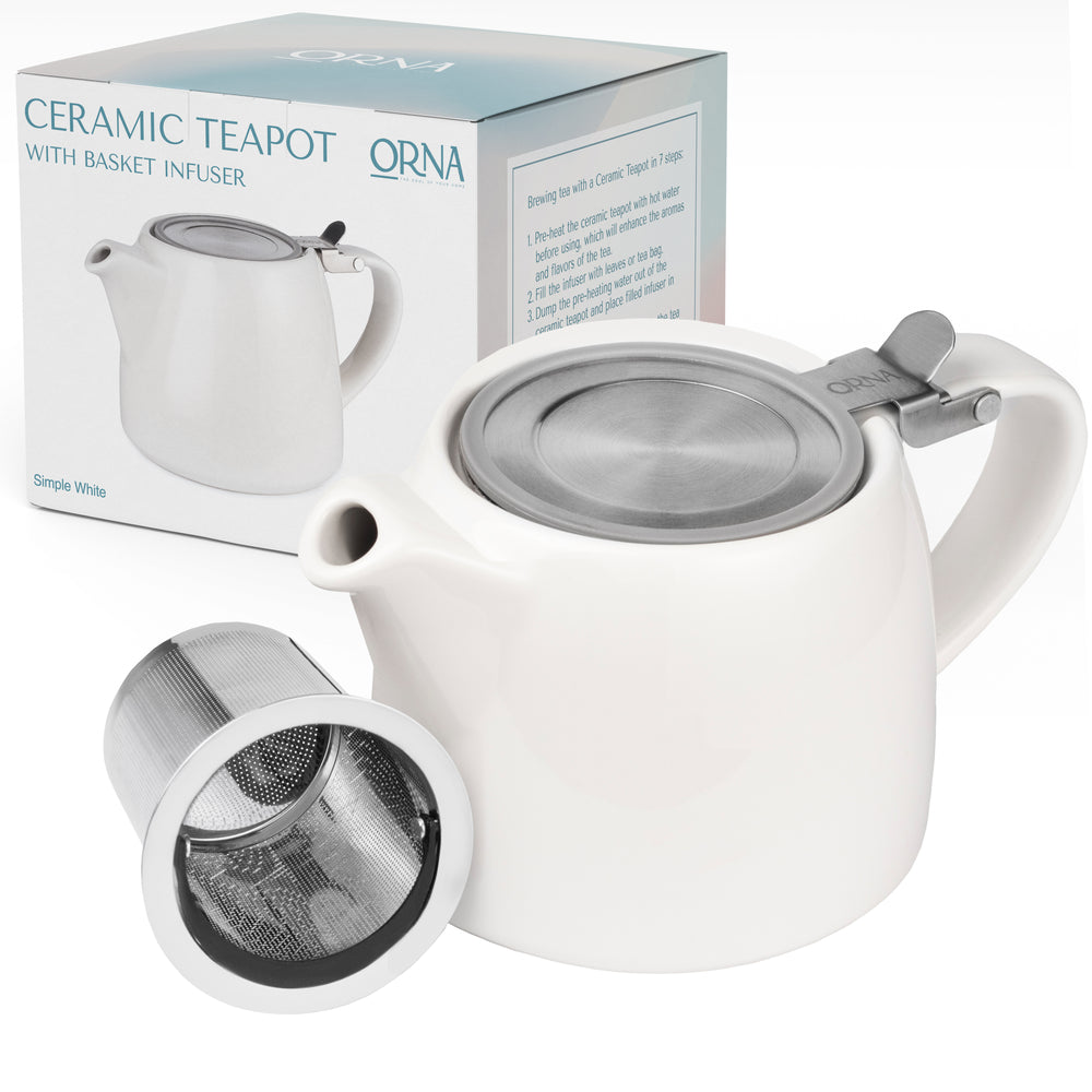 ORNA Ceramic Teapot with Basket Infuser and Stainless Steel Lid in White, 18.6 Oz (550ml)