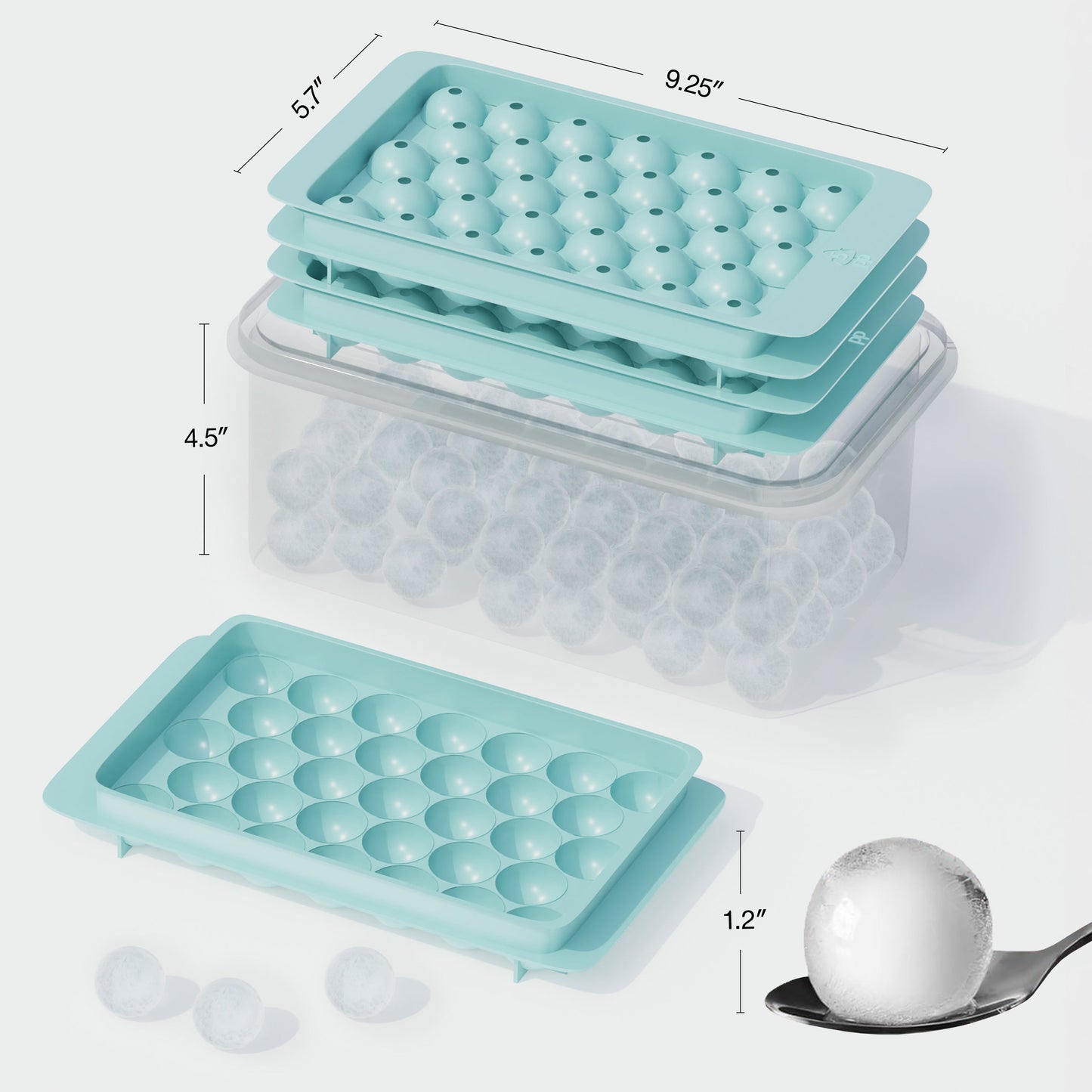 
                  
                    ORNA Ice Cube Tray with Lid, Bin, Scoop & Tongs – 3x33 Balls, 1-inch Ice Mould – Turquoise
                  
                