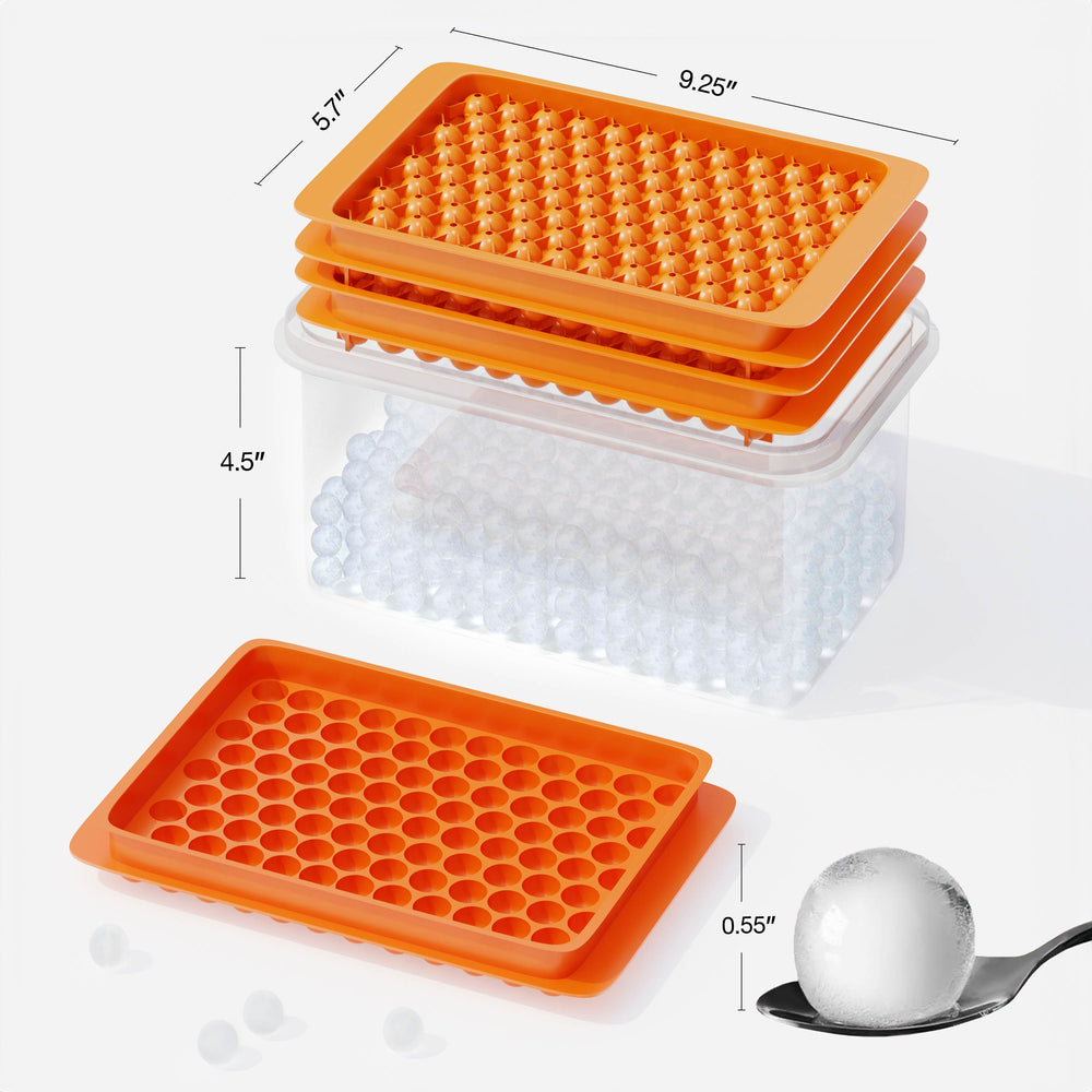 
                  
                    ORNA Ice Cube Tray with Lid, Bin, Scoop & Tongs – 4x104 Balls, 0.55-inch Ice Mould – Orange
                  
                