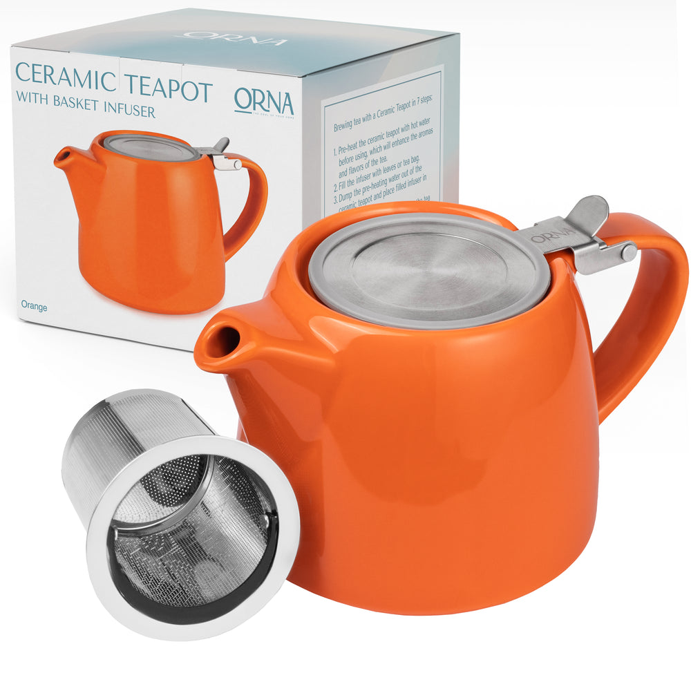 ORNA Ceramic Teapot with Basket Infuser and Stainless Steel Lid in Orange, 18.6 Oz (550ml)