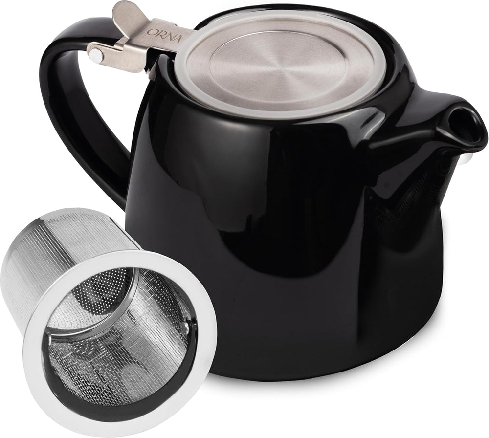 ORNA Ceramic Teapot with Basket Infuser and Stainless Steel Lid in Black, 18.6 Oz (550ml)