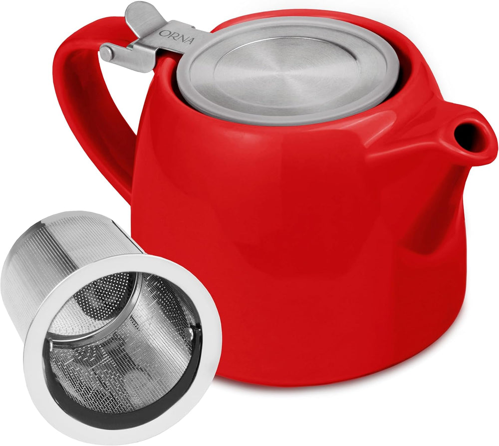 ORNA Ceramic Teapot with Basket Infuser and Stainless Steel Lid in Red, 18.6 Oz (550ml)