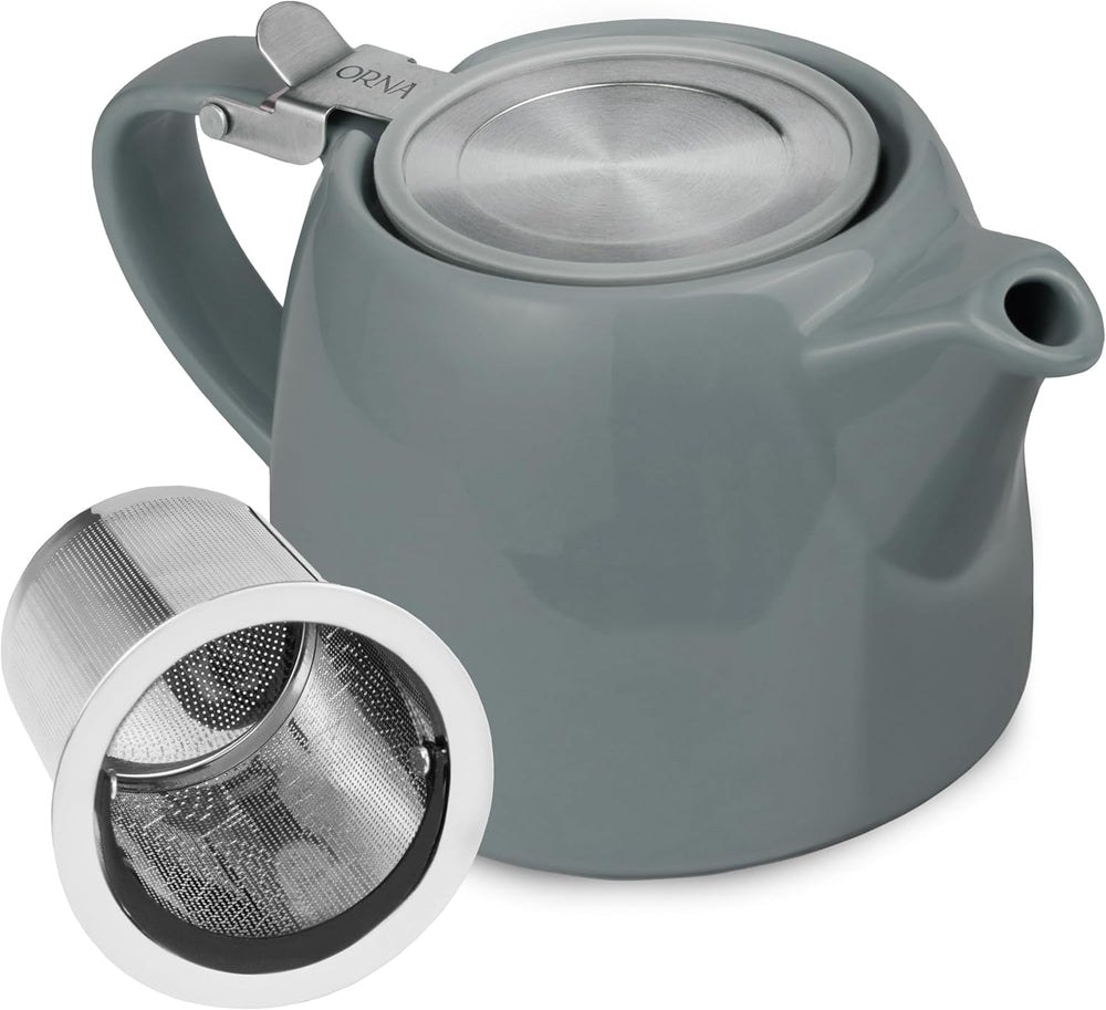 ORNA Ceramic Teapot with Basket Infuser and Stainless Steel Lid in Grey, 18.6 Oz (550ml)