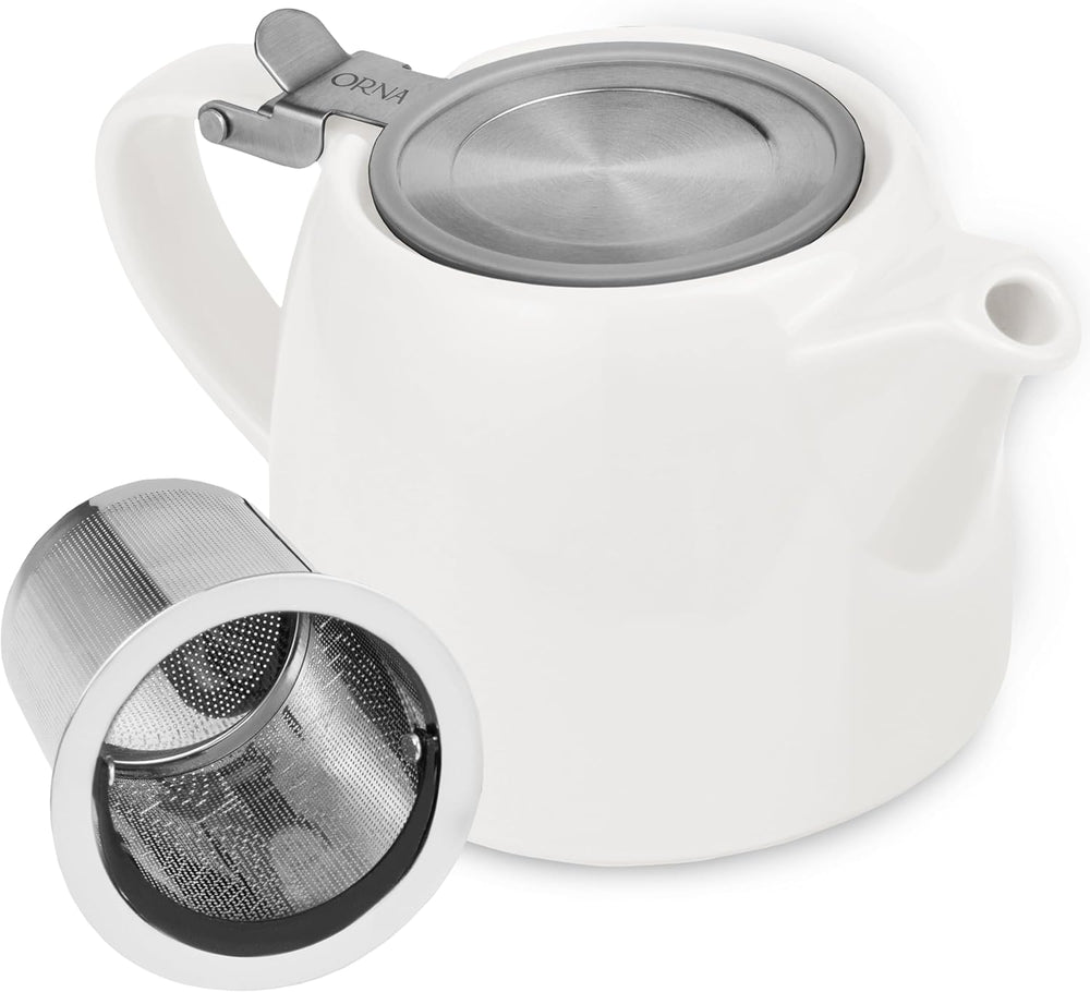 ORNA Ceramic Teapot with Basket Infuser and Stainless Steel Lid in White, 18.6 Oz (550ml)