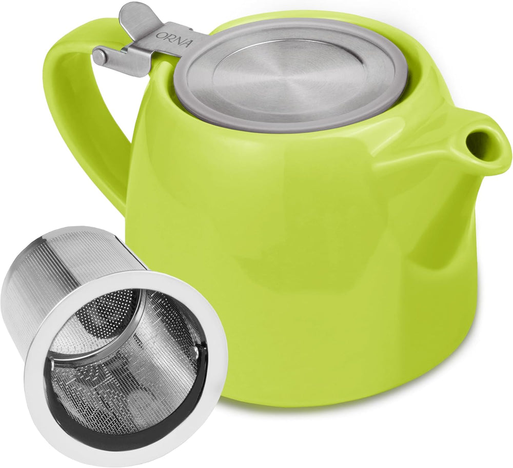 ORNA Ceramic Teapot with Basket Infuser and Stainless Steel Lid in Lime, 18.6 Oz (550ml)