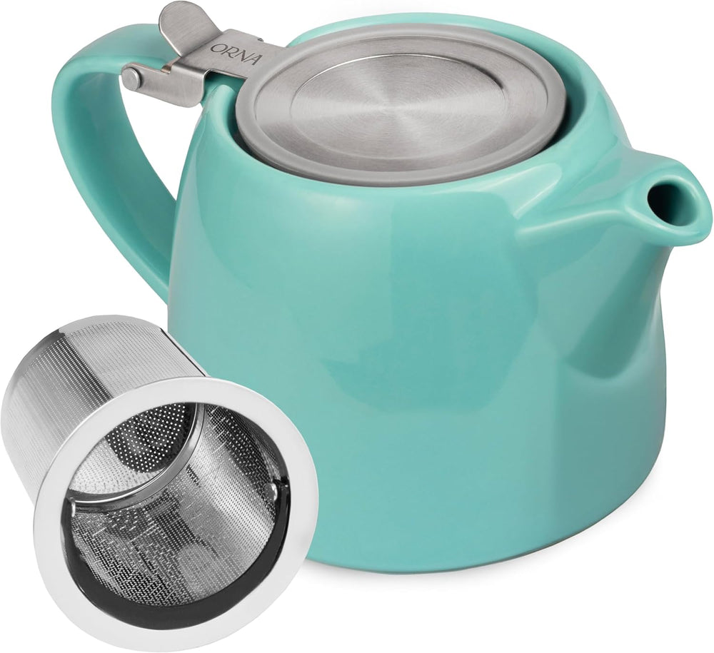 ORNA Ceramic Teapot with Basket Infuser and Stainless Steel Lid in Turquoise, 18.6 Oz (550ml)