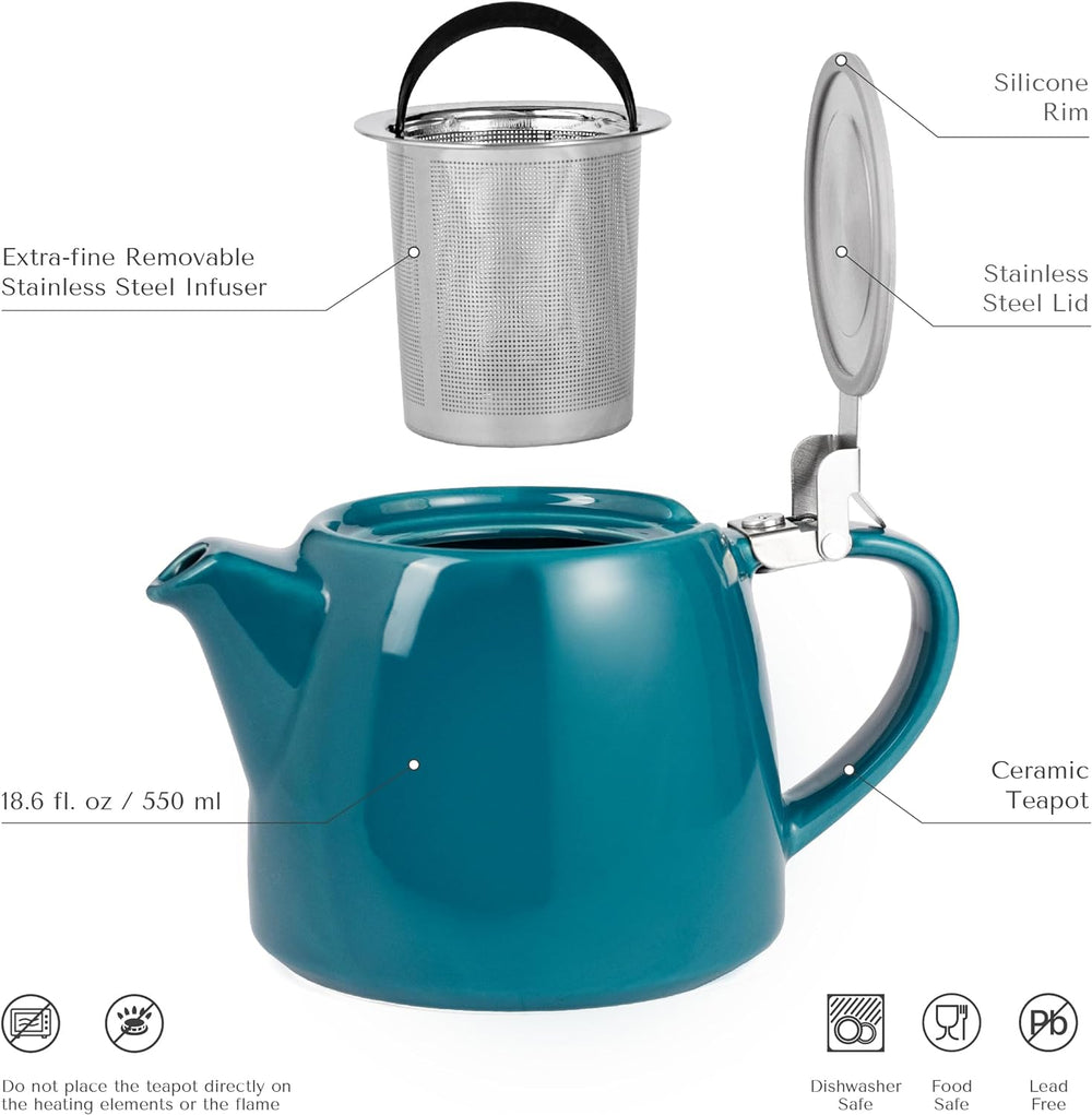 ORNA Ceramic Teapot with Basket Infuser and Stainless Steel Lid in Ocean, 18.6 Oz (550ml)