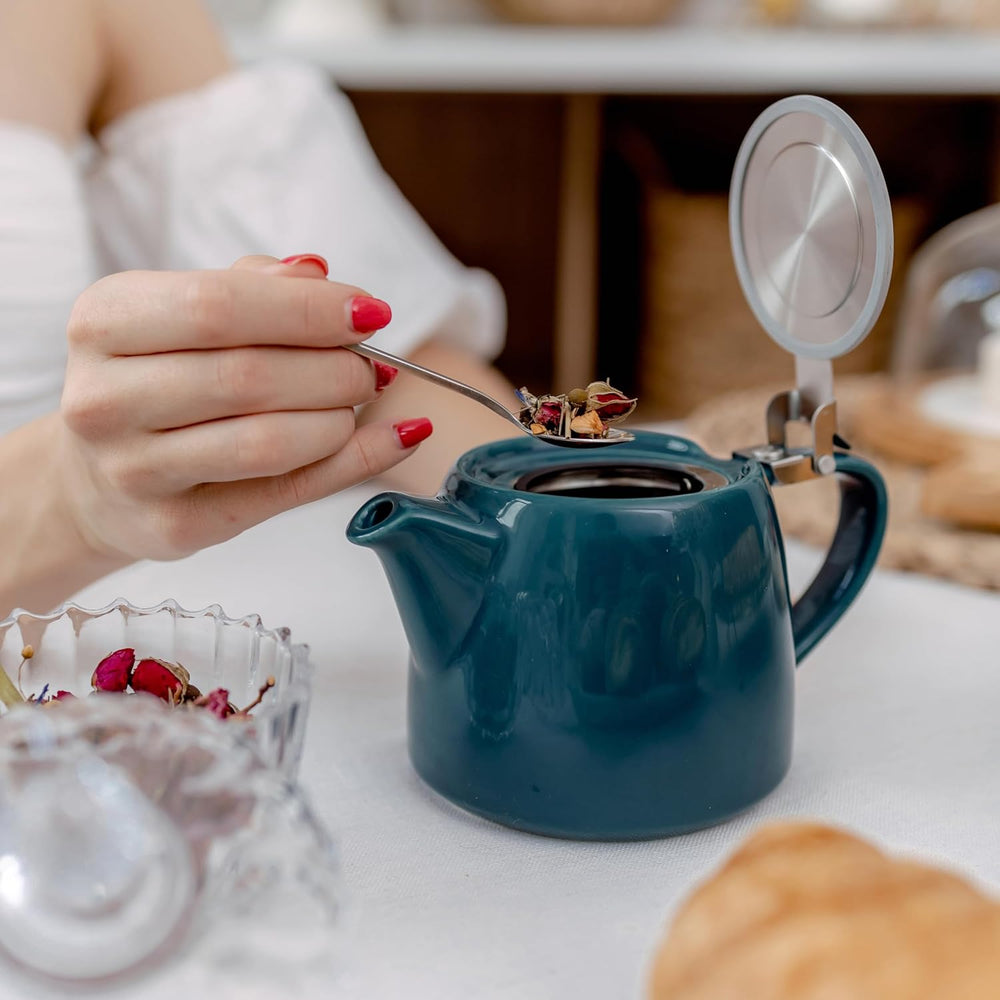 ORNA Ceramic Teapot with Basket Infuser and Stainless Steel Lid in Ocean, 18.6 Oz (550ml)