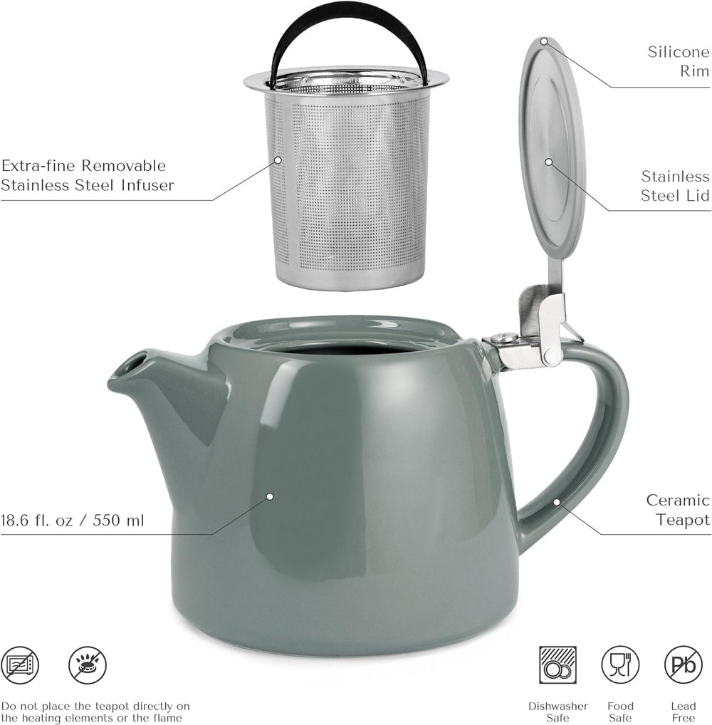 ORNA Ceramic Teapot with Basket Infuser and Stainless Steel Lid in Grey, 18.6 Oz (550ml)