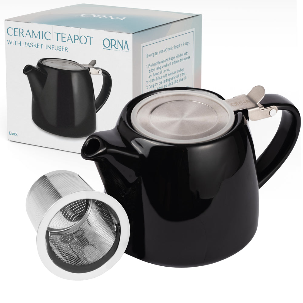 ORNA Ceramic Teapot with Basket Infuser and Stainless Steel Lid in Black, 18.6 Oz (550ml)