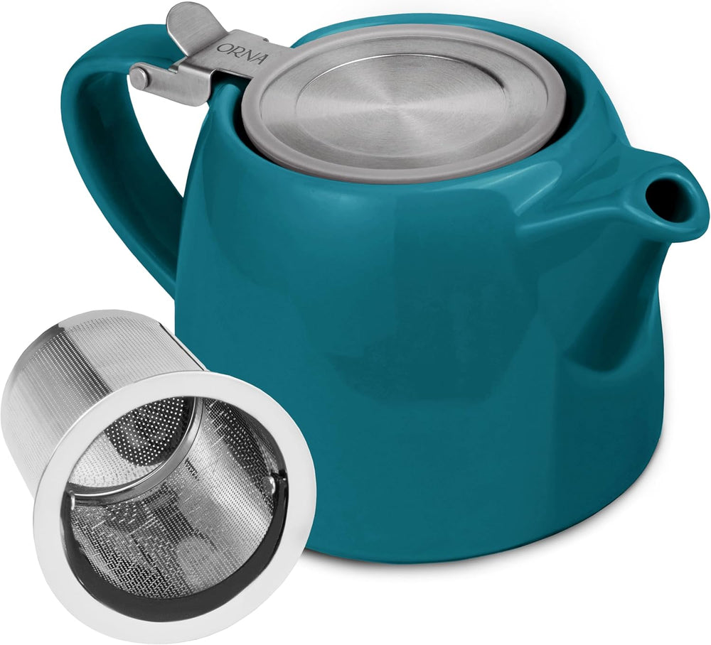 ORNA Ceramic Teapot with Basket Infuser and Stainless Steel Lid in Ocean, 18.6 Oz (550ml)