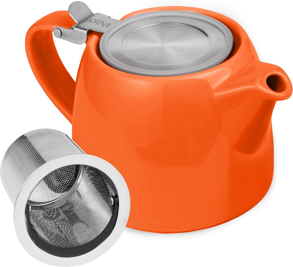 ORNA Ceramic Teapot with Basket Infuser and Stainless Steel Lid in Orange, 18.6 Oz (550ml)