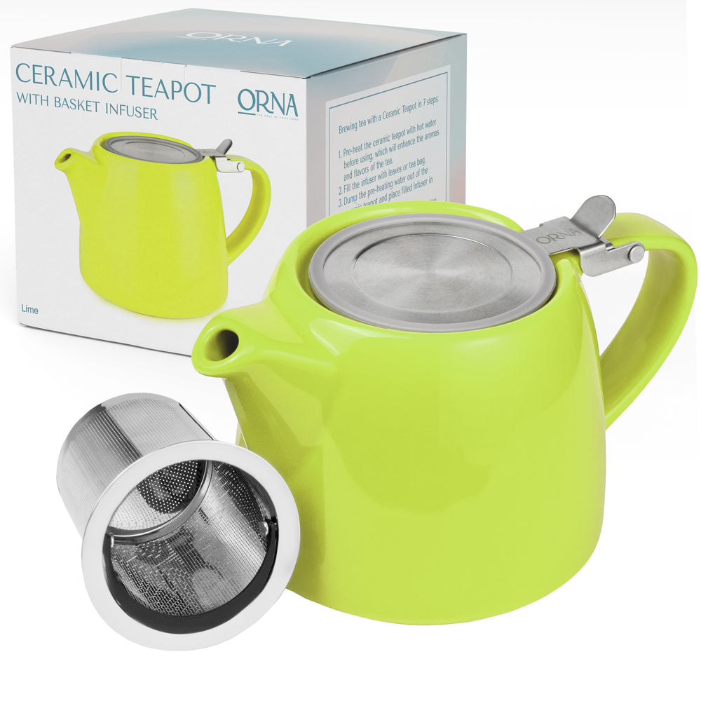 ORNA Ceramic Teapot with Basket Infuser and Stainless Steel Lid in Lime, 18.6 Oz (550ml)