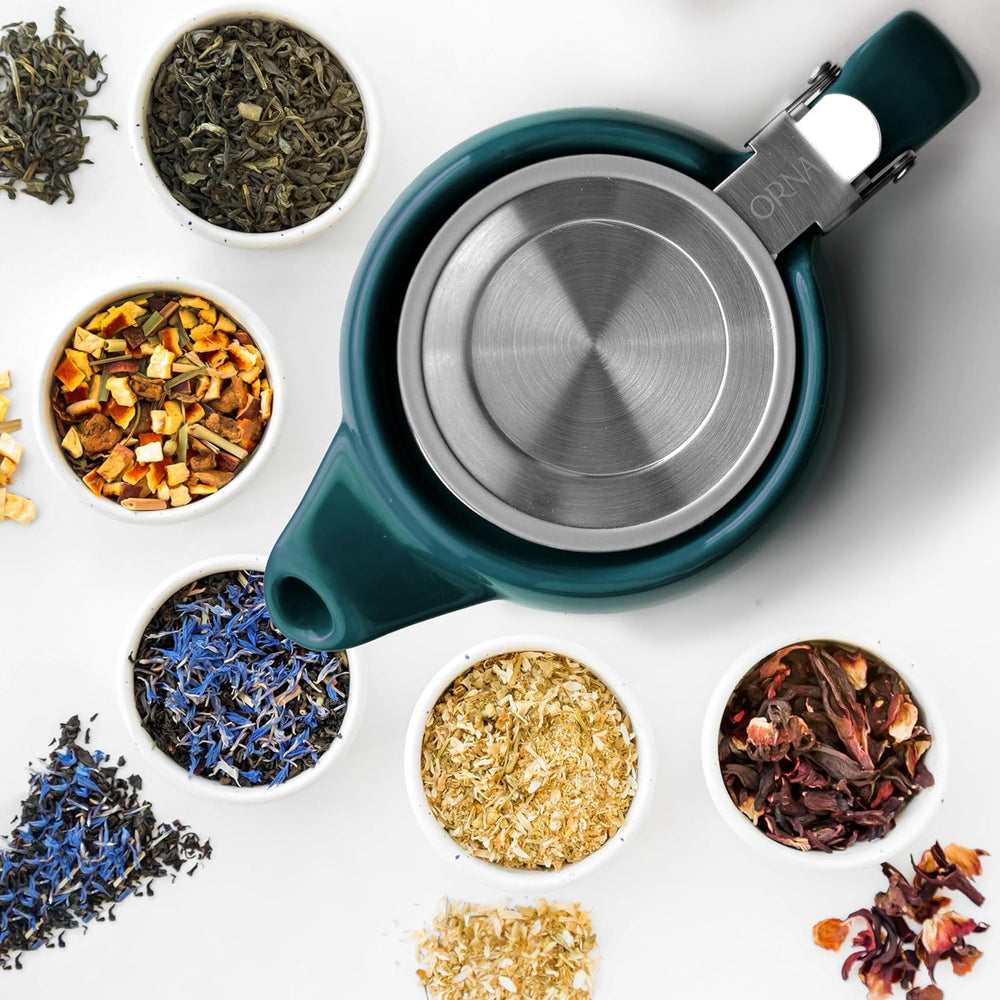 ORNA Ceramic Teapot with Basket Infuser and Stainless Steel Lid in Ocean, 18.6 Oz (550ml)
