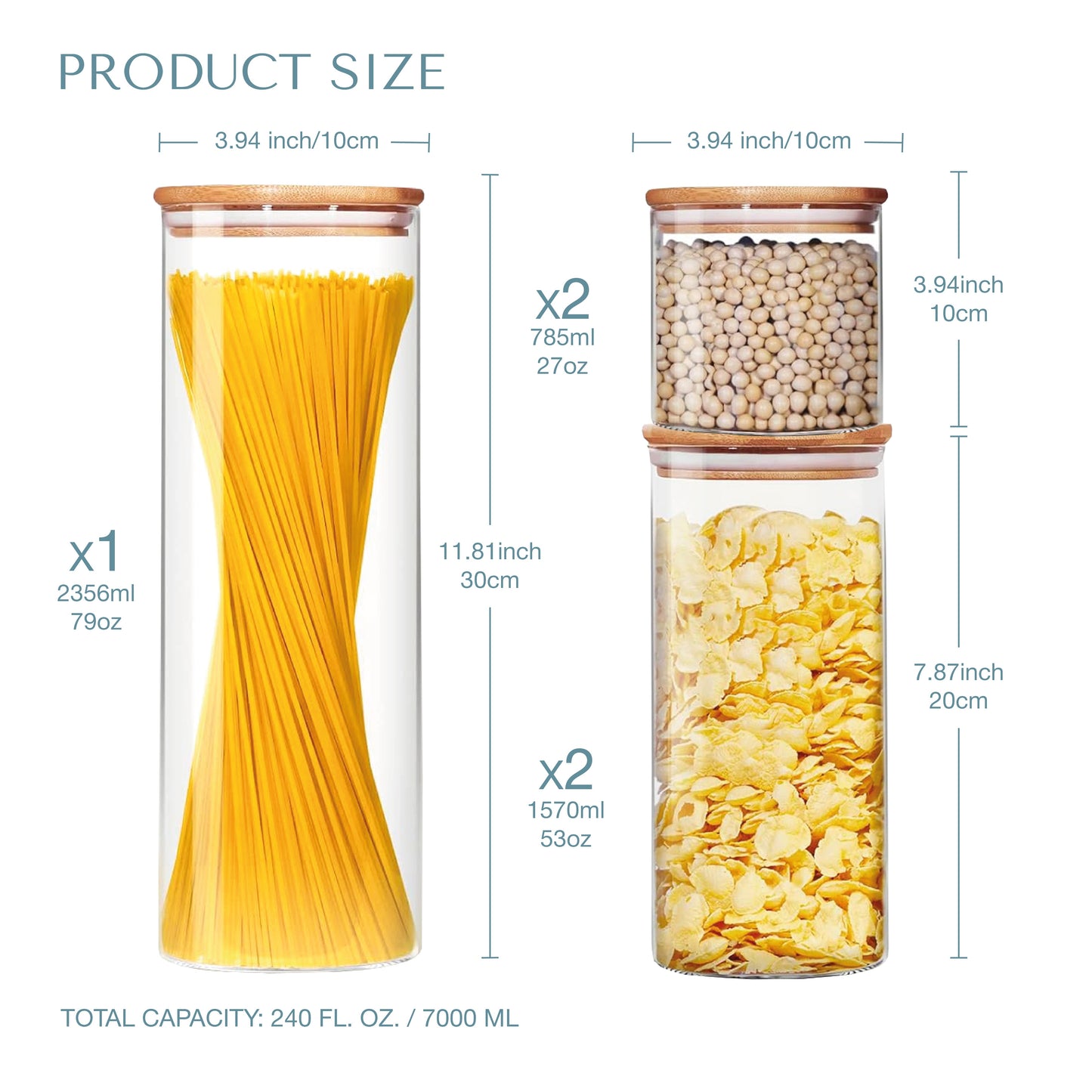 ORNA Glass Jars with Bamboo Lids Set of 5 in Circular shape, 240 fl. oz. / 7000 ml Total Capacity