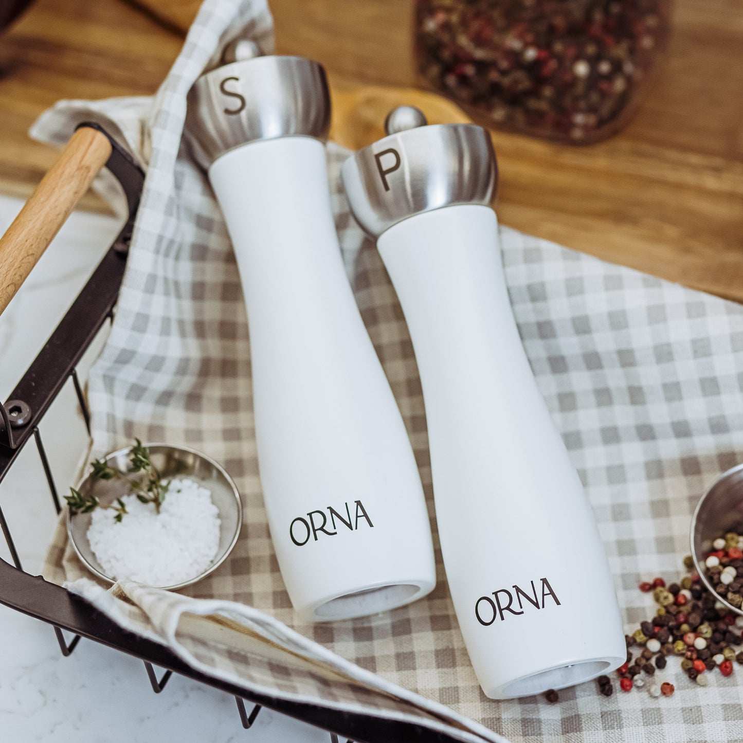 
                  
                    ORNA Salt and Pepper Wooden Grinder Set of 2 with Adjustable Coarseness Mechanism, 8.5 in / 21.5 cm, White
                  
                