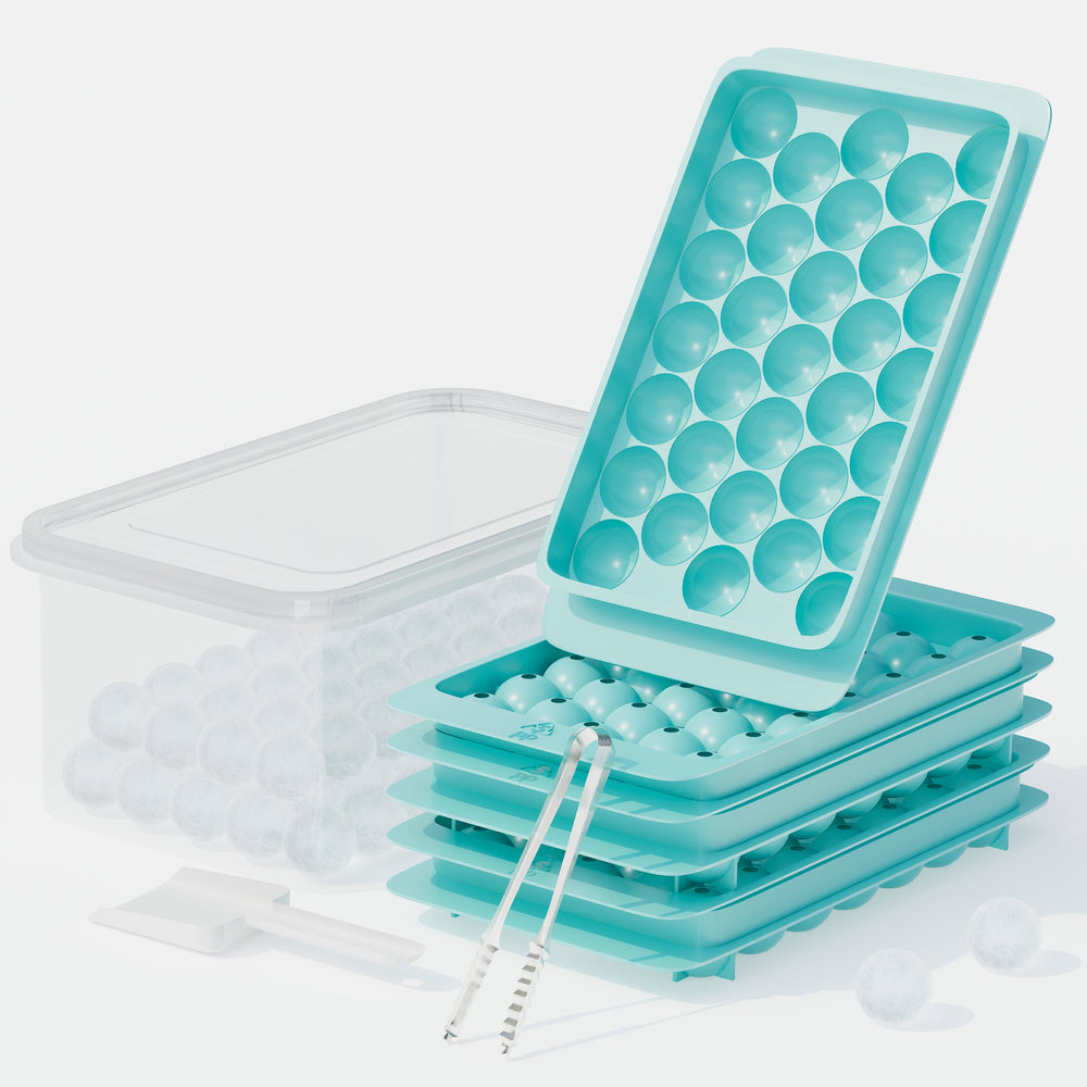 ORNA Ice Cube Tray with Lid, Bin, Scoop & Tongs – 3x33 Balls, 1-inch Ice Mould – Turquoise